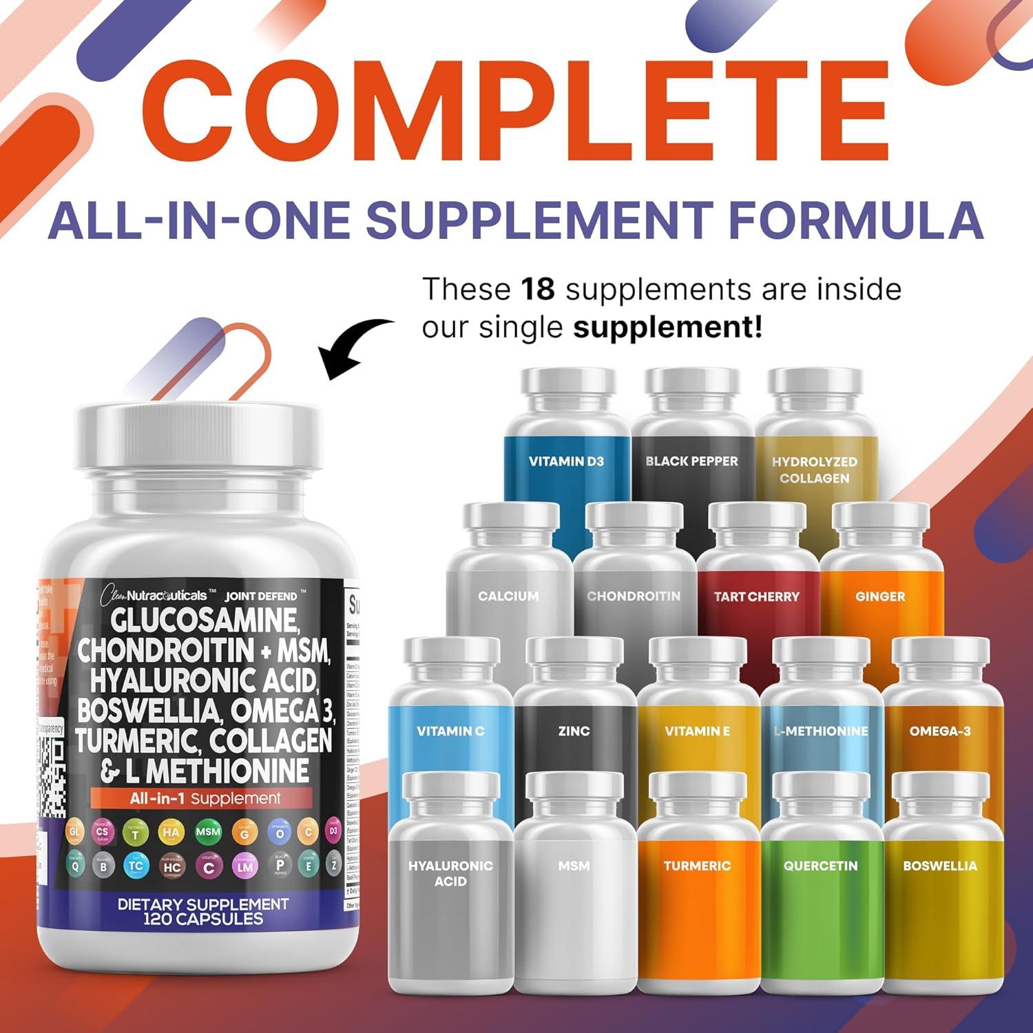 image:imageClean Nutraceuticals Glucosamine 1500mg Chondroitin 1200mg MSM with Turmeric Curcumin Collagen Hyaluronic Acid Omega 3 Joint Health Supplement for Men amp Women Joint Complex 120 Count120 Count Pack of 2