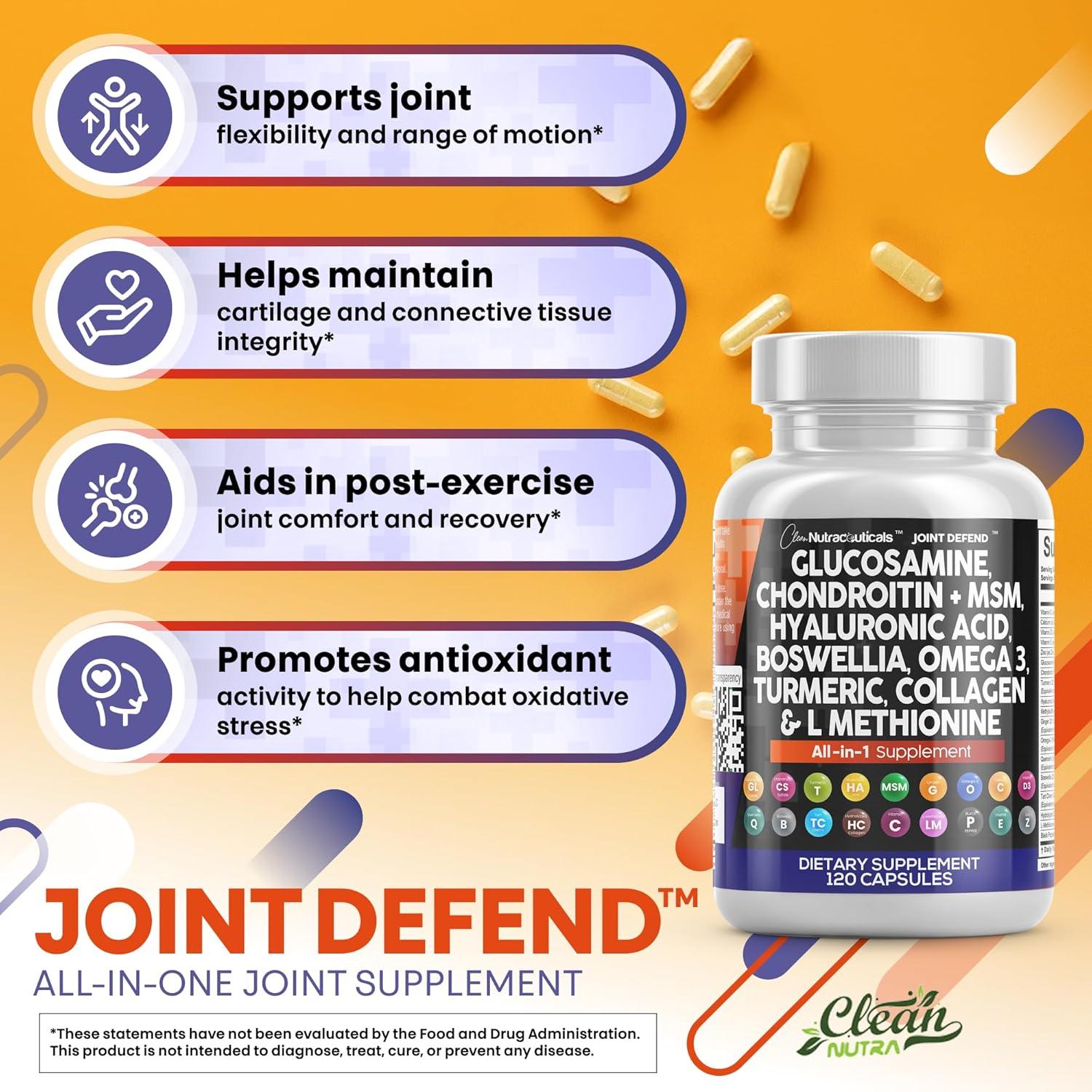 image:imageClean Nutraceuticals Glucosamine 1500mg Chondroitin 1200mg MSM with Turmeric Curcumin Collagen Hyaluronic Acid Omega 3 Joint Health Supplement for Men amp Women Joint Complex 120 Count120 Count Pack of 2