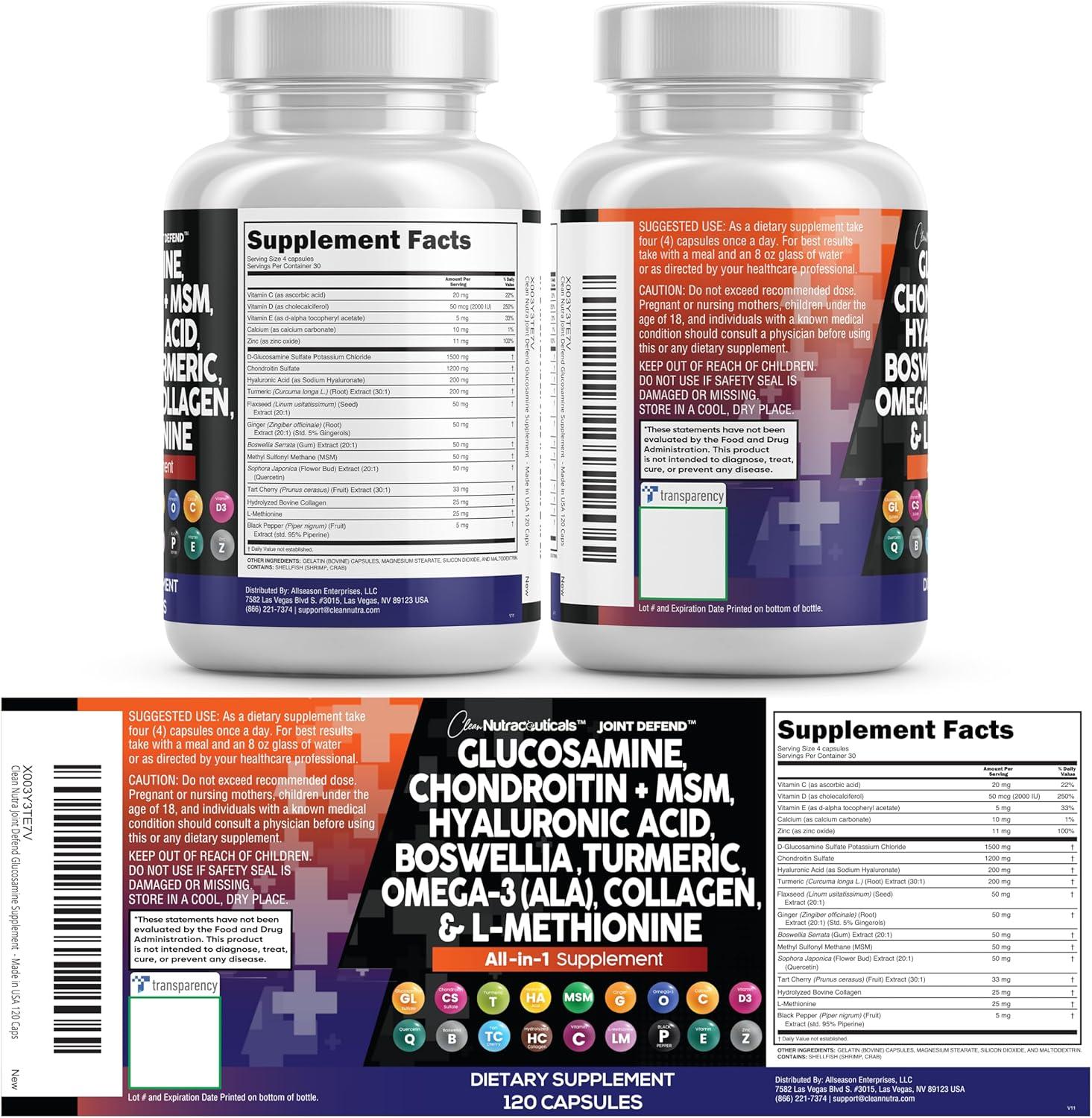 image:imageClean Nutraceuticals Glucosamine 1500mg Chondroitin 1200mg MSM with Turmeric Curcumin Collagen Hyaluronic Acid Omega 3 Joint Health Supplement for Men amp Women Joint Complex 120 Count120 Count Pack of 2