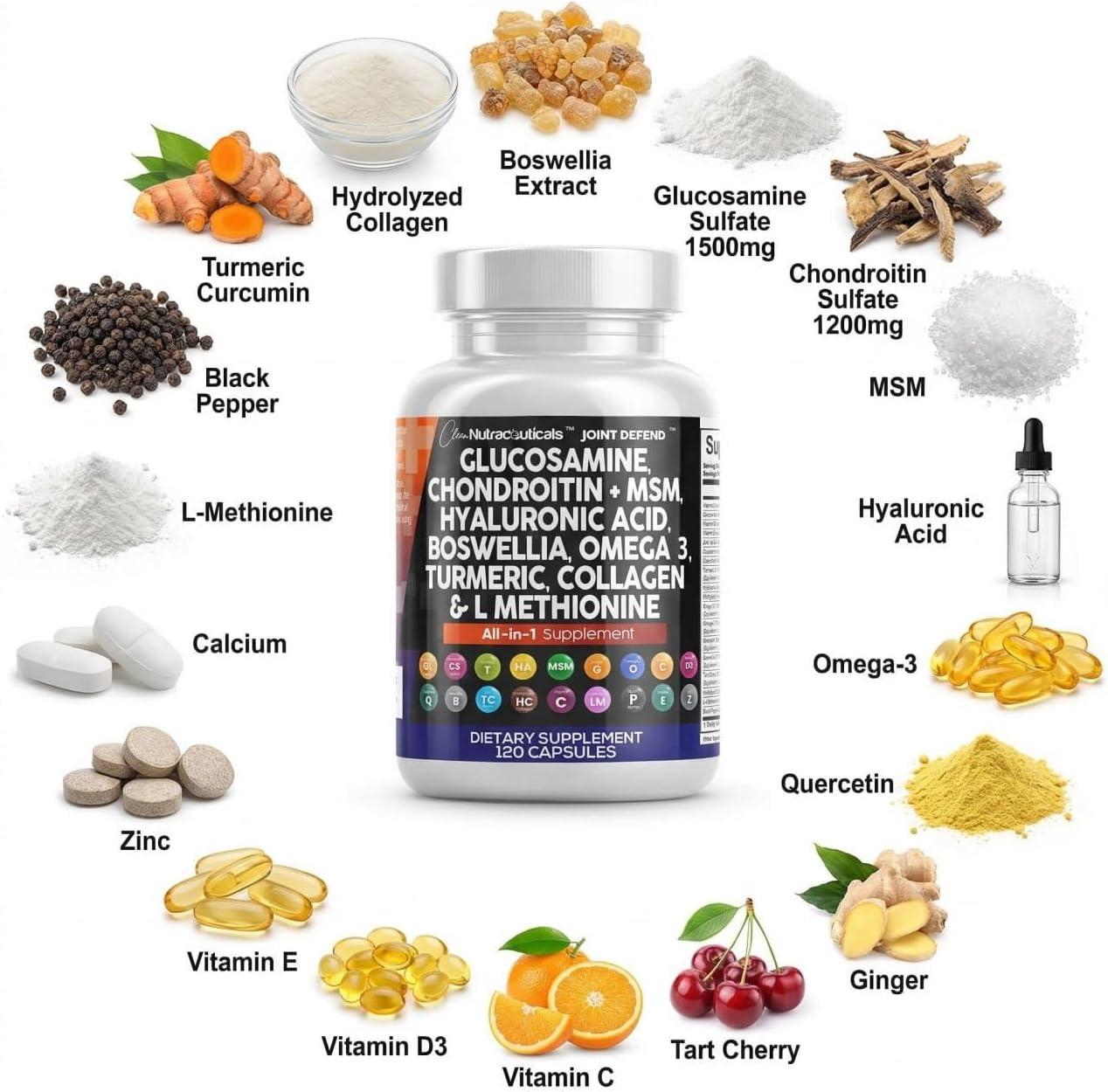 image:imageClean Nutraceuticals Glucosamine 1500mg Chondroitin 1200mg MSM with Turmeric Curcumin Collagen Hyaluronic Acid Omega 3 Joint Health Supplement for Men amp Women Joint Complex 120 Count120 Count Pack of 1