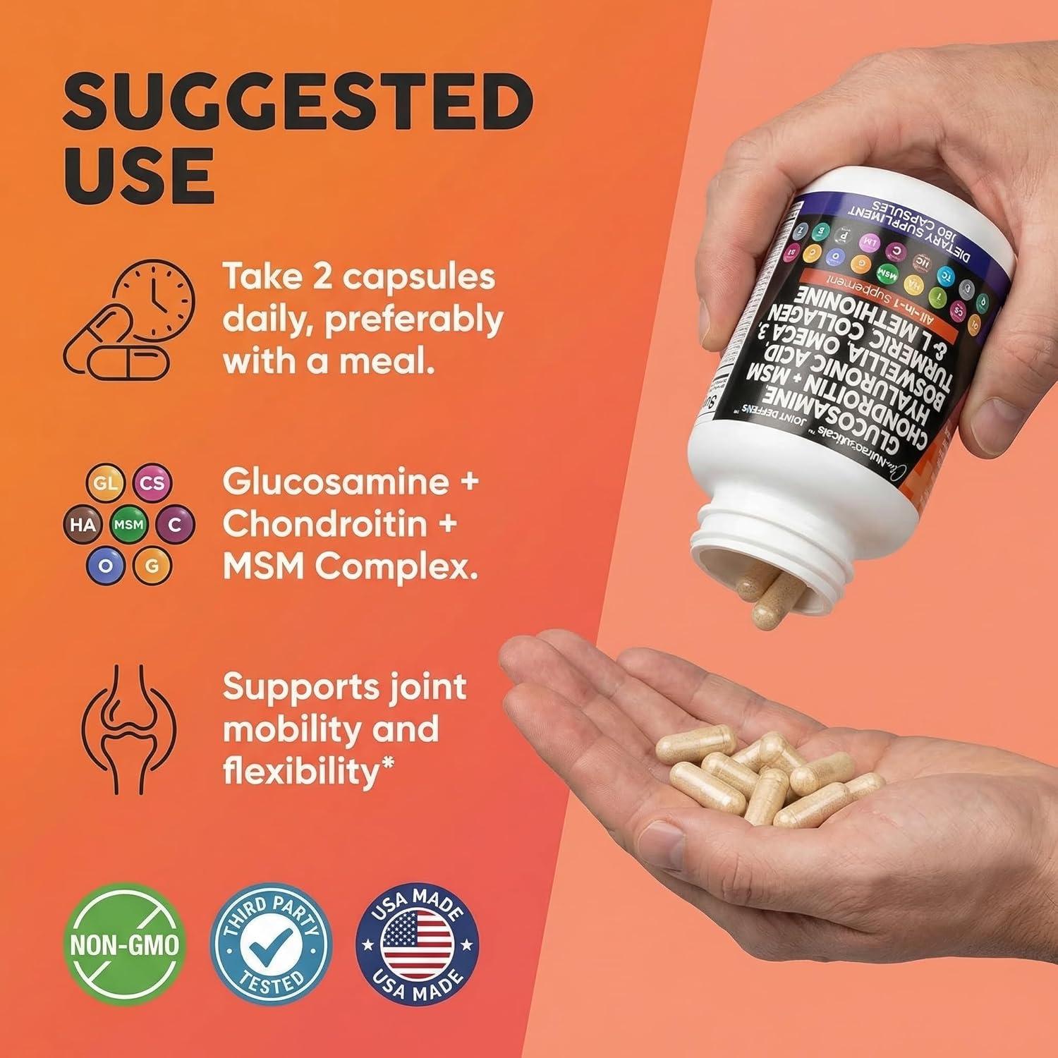image:imageClean Nutraceuticals Glucosamine 1500mg Chondroitin 1200mg MSM with Turmeric Curcumin Collagen Hyaluronic Acid Omega 3 Joint Health Supplement for Men amp Women Joint Complex 120 Count120 Count Pack of 1