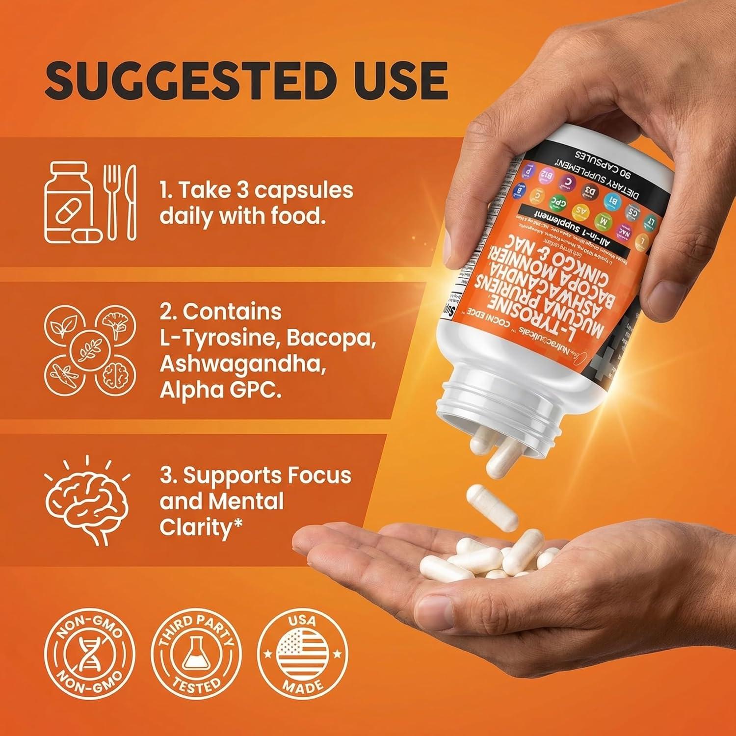 image:imageClean Nutraceuticals L Tyrosine Mucuna Pruriens Bacopa Monnieri Ashwagandha Focus Supplement wNAcetyl Cysteine NAC 5HTP Ginkgo Biloba Alpha GPC Vitamin C D B1 B12