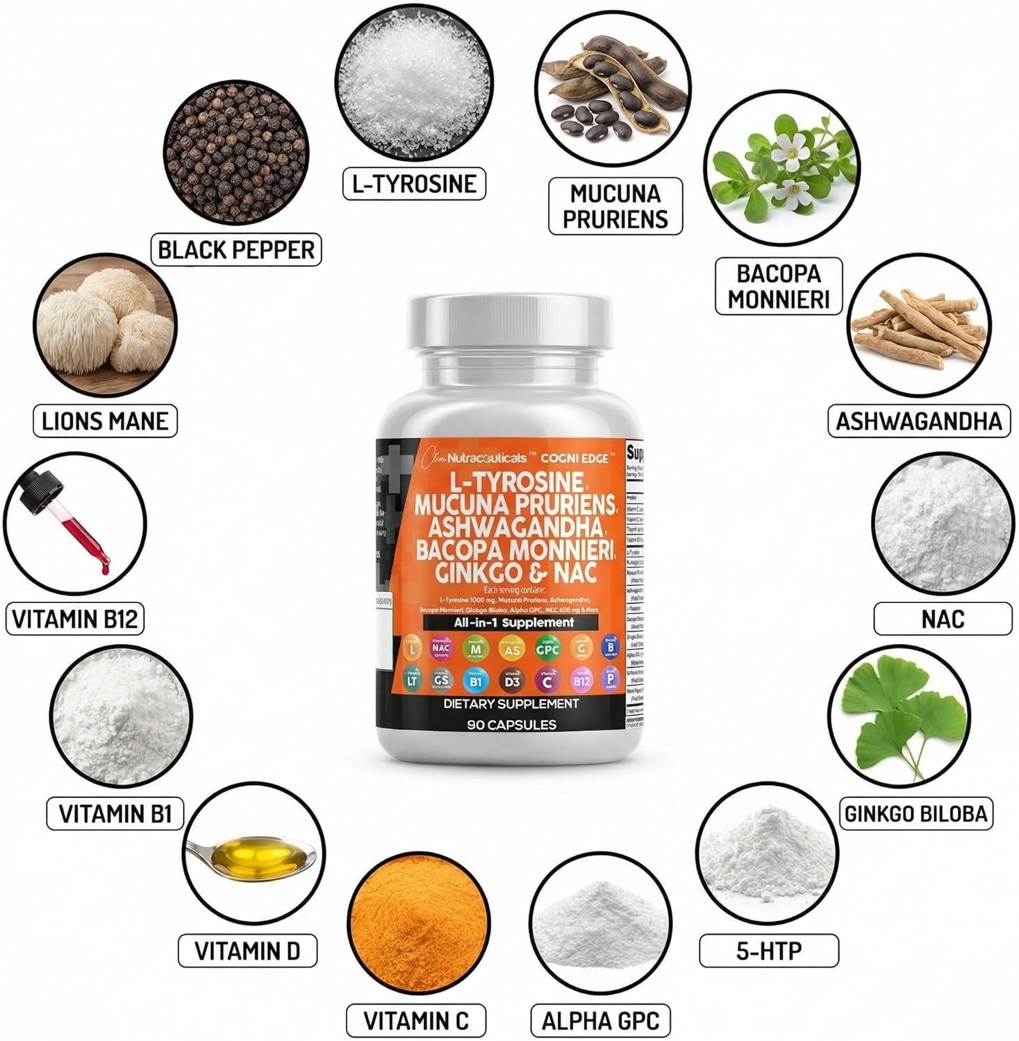 image:imageClean Nutraceuticals L Tyrosine Mucuna Pruriens Bacopa Monnieri Ashwagandha Focus Supplement wNAcetyl Cysteine NAC 5HTP Ginkgo Biloba Alpha GPC Vitamin C D B1 B12