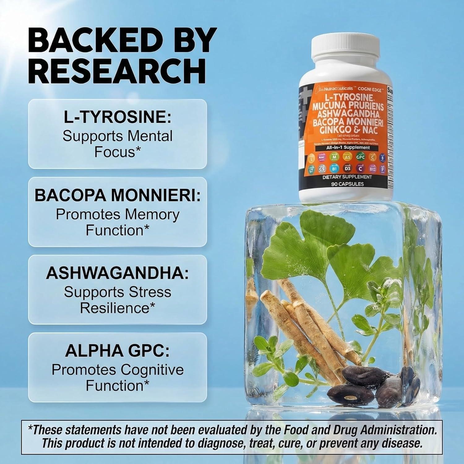 image:imageClean Nutraceuticals L Tyrosine Mucuna Pruriens Bacopa Monnieri Ashwagandha Focus Supplement wNAcetyl Cysteine NAC 5HTP Ginkgo Biloba Alpha GPC Vitamin C D B1 B12