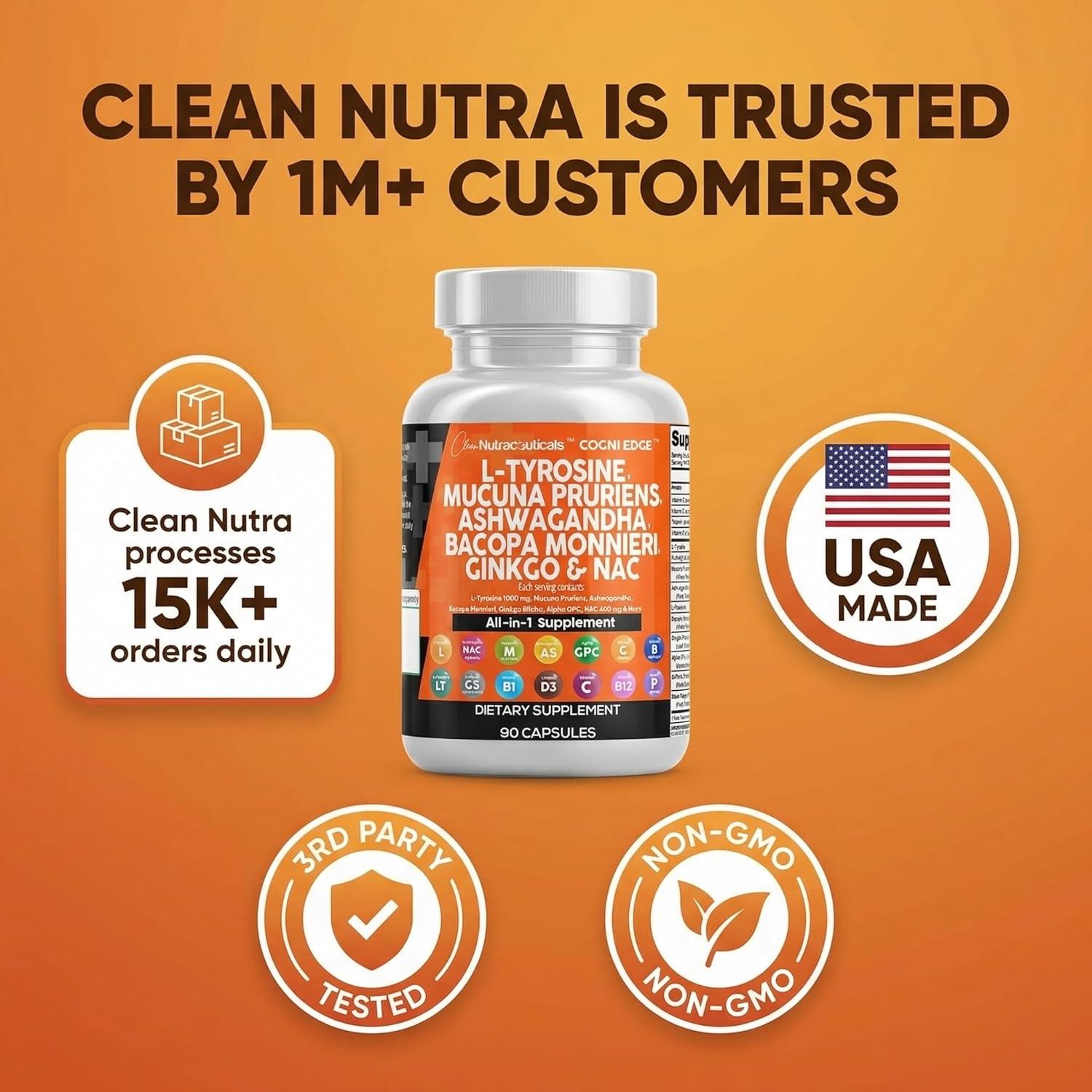 image:imageClean Nutraceuticals L Tyrosine Mucuna Pruriens Bacopa Monnieri Ashwagandha Focus Supplement wNAcetyl Cysteine NAC 5HTP Ginkgo Biloba Alpha GPC Vitamin C D B1 B12