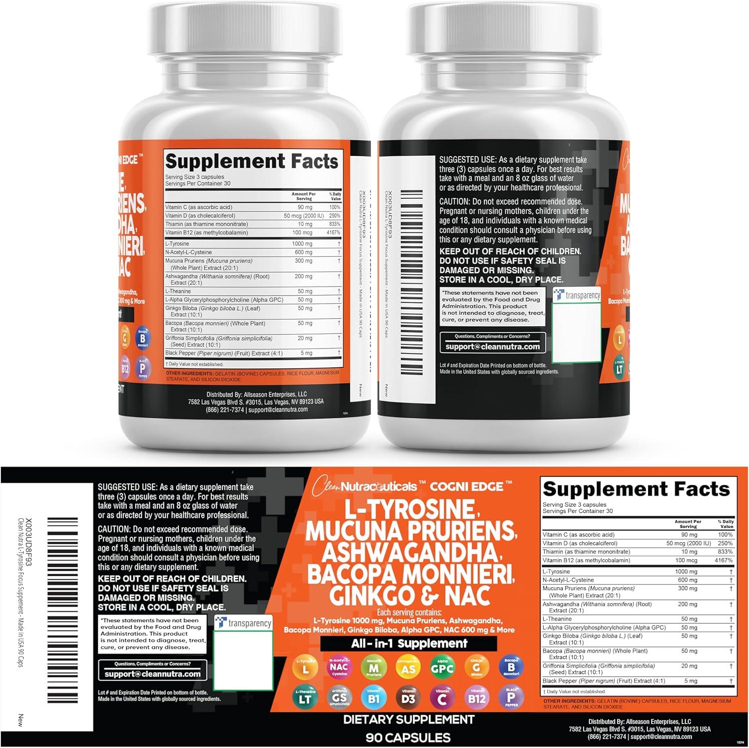 image:imageClean Nutraceuticals L Tyrosine Mucuna Pruriens Bacopa Monnieri Ashwagandha Focus Supplement wNAcetyl Cysteine NAC 5HTP Ginkgo Biloba Alpha GPC Vitamin C D B1 B12