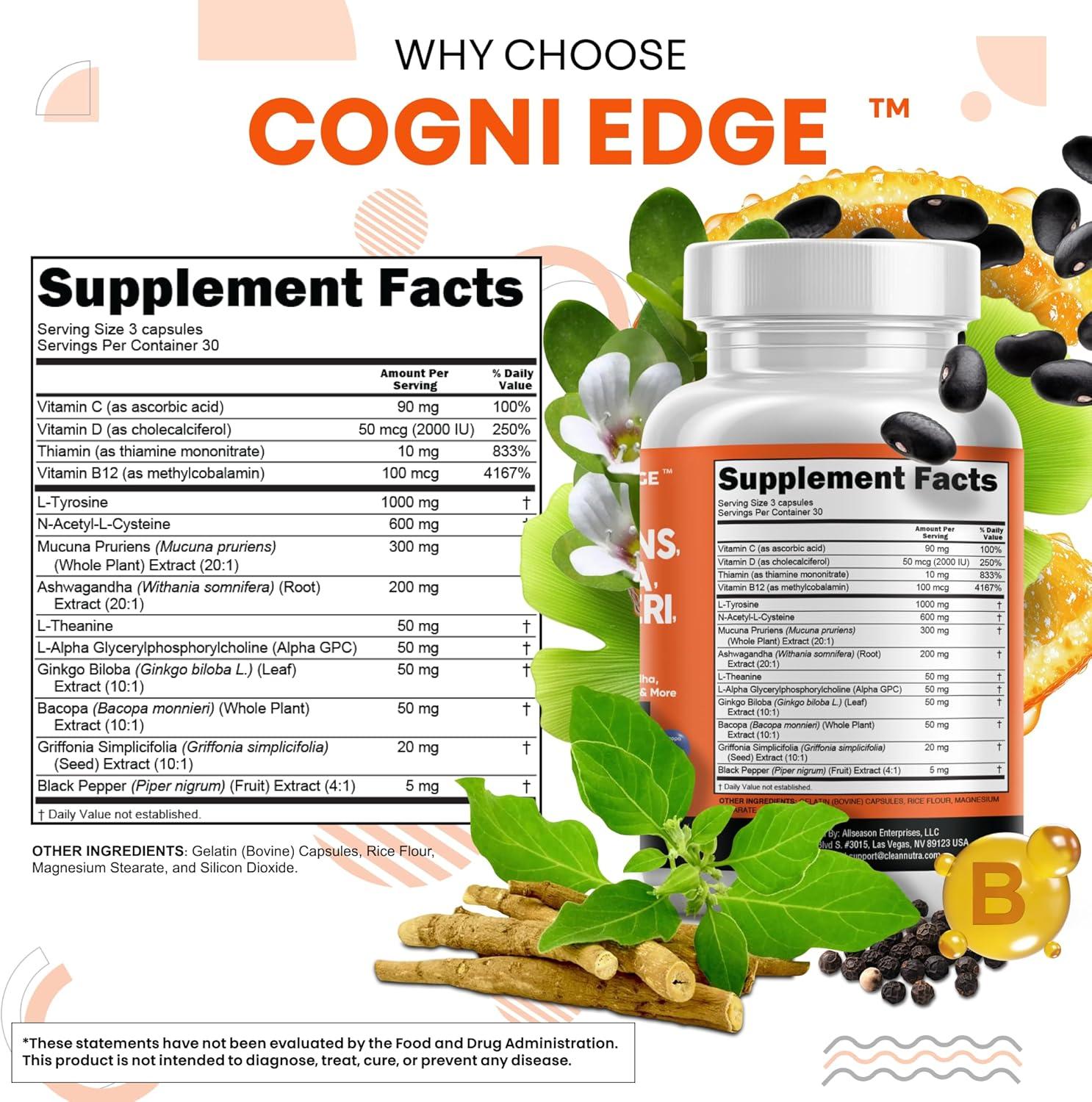 image:imageClean Nutraceuticals L Tyrosine Mucuna Pruriens Bacopa Monnieri Ashwagandha Focus Supplement wNAcetyl Cysteine NAC 5HTP Ginkgo Biloba Alpha GPC Vitamin C D B1 B12