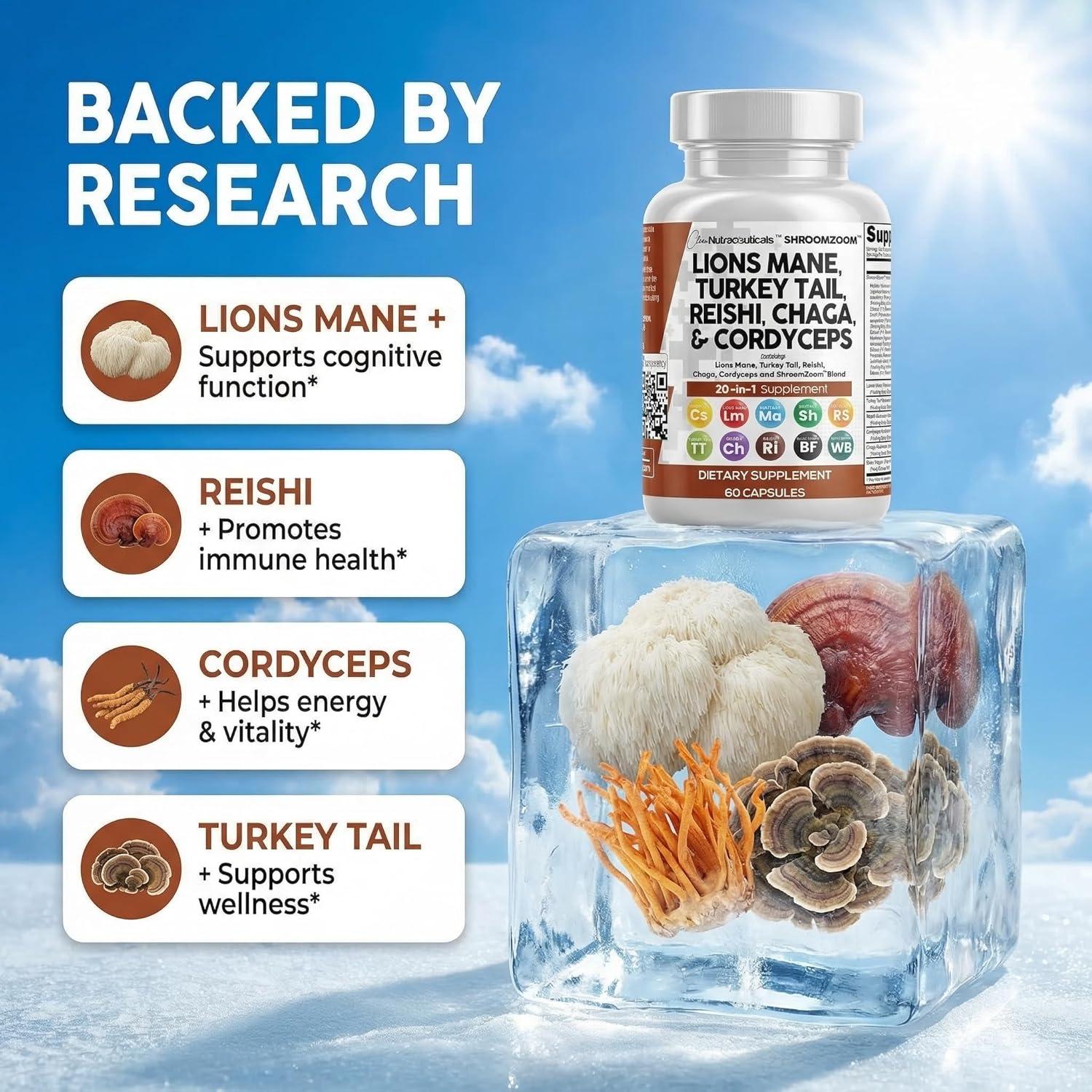 image:imageClean Nutraceuticals Lions Mane 20in1 Mushroom Supplement with Turkey Tail Reishi Cordyceps Chaga Maitake Meshima Poria Cocos Shiitake Oyster Porcini Enoki 2Pack1
