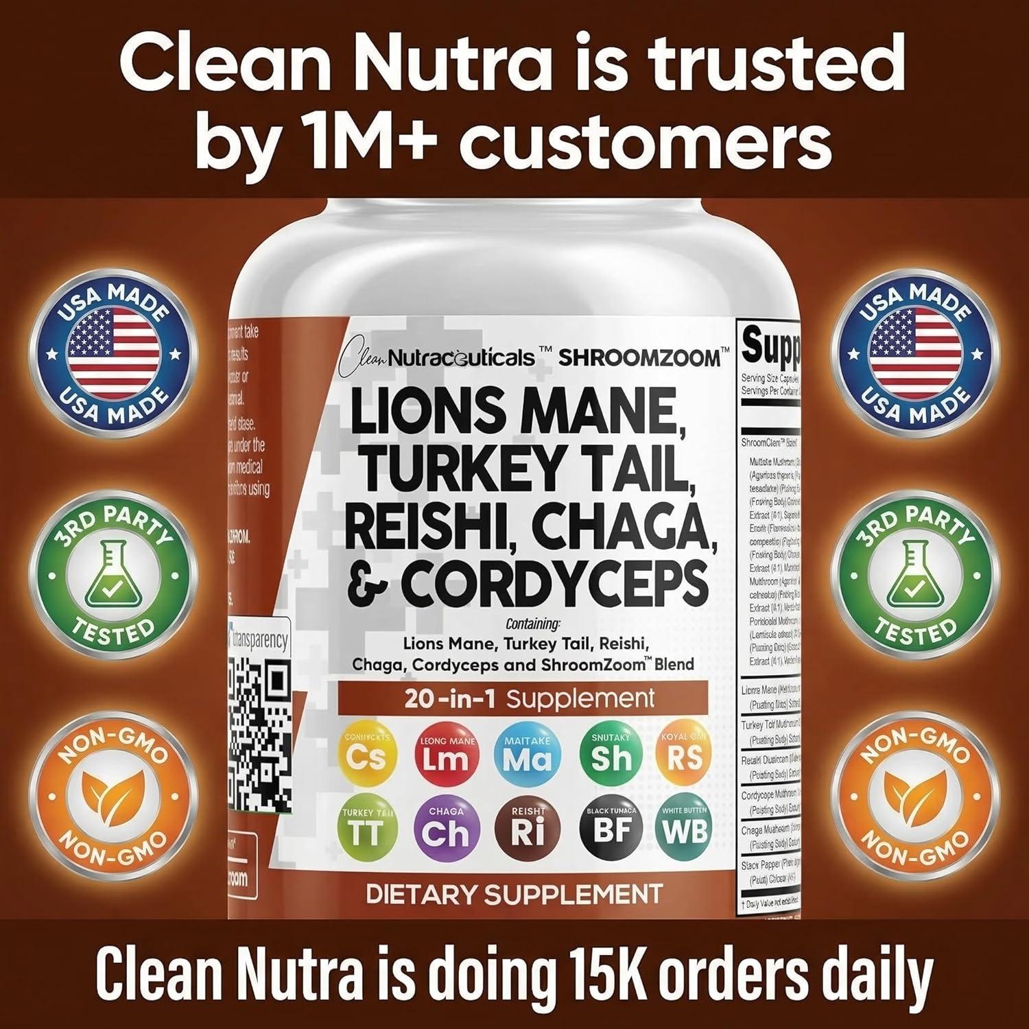 image:imageClean Nutraceuticals Lions Mane 20in1 Mushroom Supplement with Turkey Tail Reishi Cordyceps Chaga Maitake Meshima Poria Cocos Shiitake Oyster Porcini Enoki 2Pack1