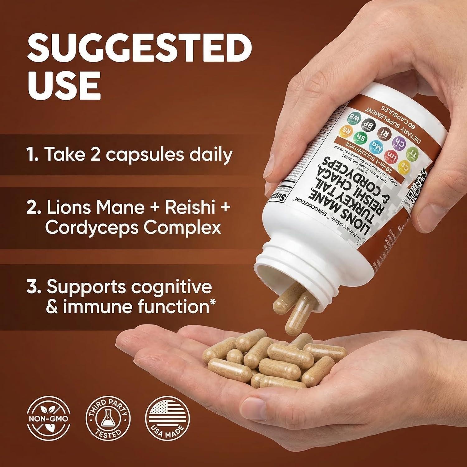 image:imageClean Nutraceuticals Lions Mane 20in1 Mushroom Supplement with Turkey Tail Reishi Cordyceps Chaga Maitake Meshima Poria Cocos Shiitake Oyster Porcini Enoki 2Pack1
