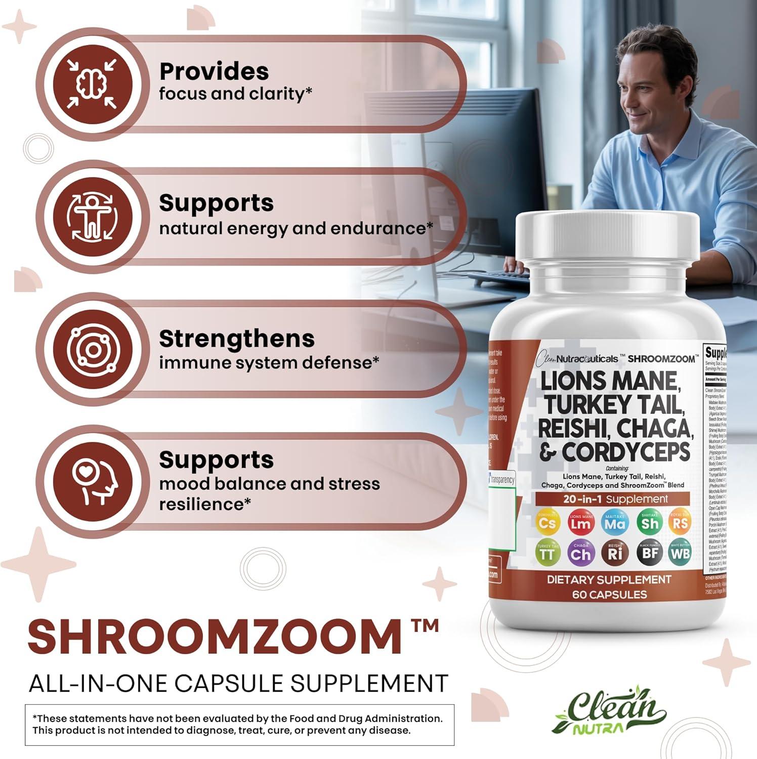 image:imageClean Nutraceuticals Lions Mane 20in1 Mushroom Supplement with Turkey Tail Reishi Cordyceps Chaga Maitake Meshima Poria Cocos Shiitake Oyster Porcini Enoki 2Pack5