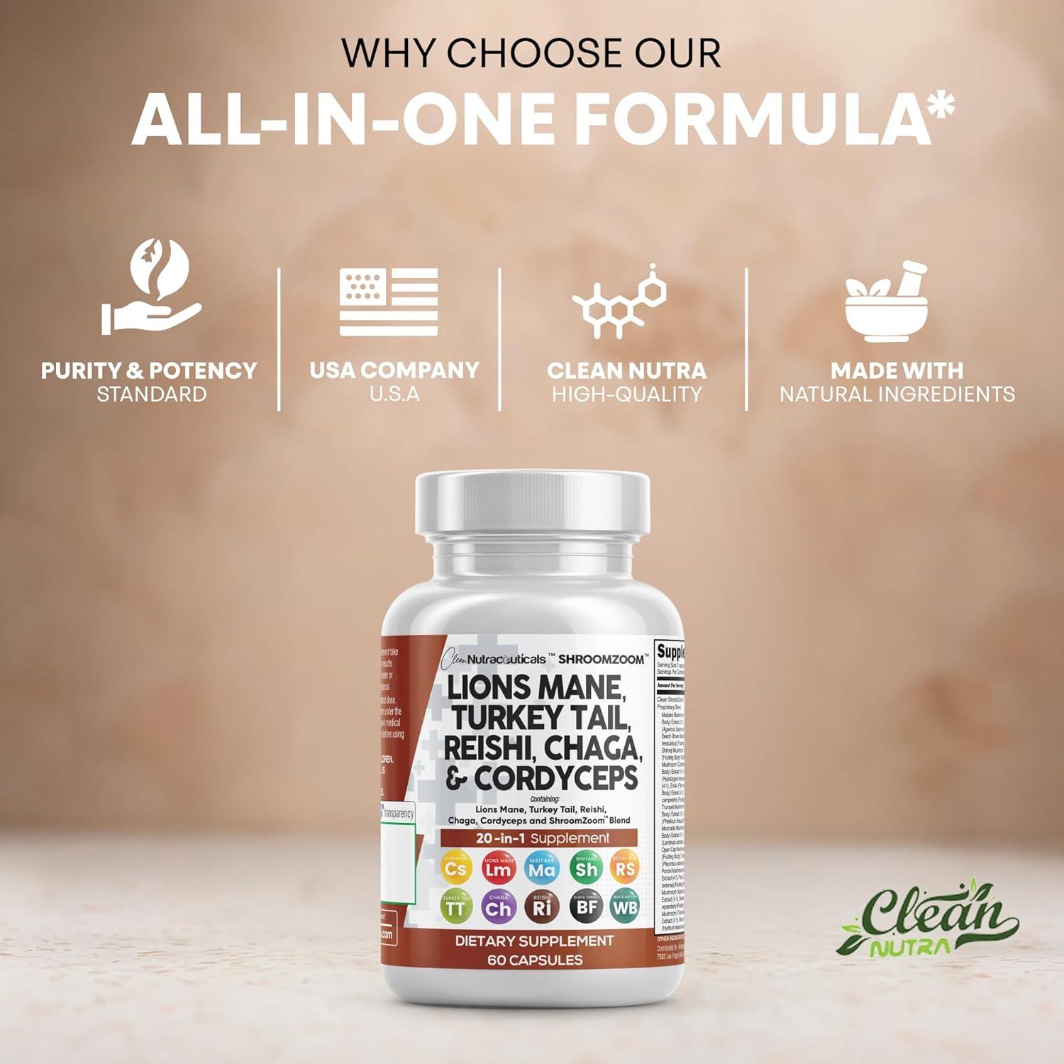 image:imageClean Nutraceuticals Lions Mane 20in1 Mushroom Supplement with Turkey Tail Reishi Cordyceps Chaga Maitake Meshima Poria Cocos Shiitake Oyster Porcini Enoki 2Pack5