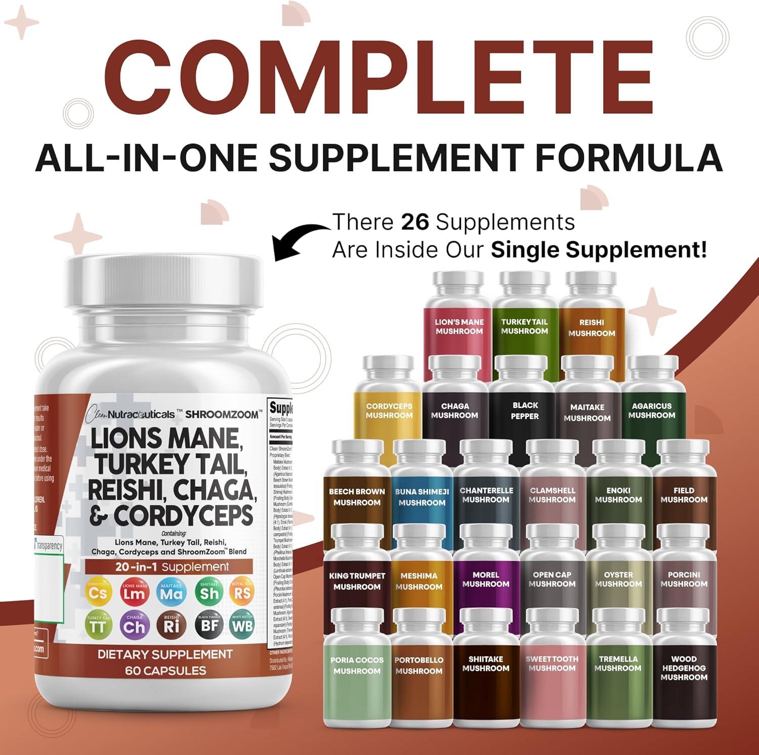 image:imageClean Nutraceuticals Lions Mane 20in1 Mushroom Supplement with Turkey Tail Reishi Cordyceps Chaga Maitake Meshima Poria Cocos Shiitake Oyster Porcini Enoki 2Pack2