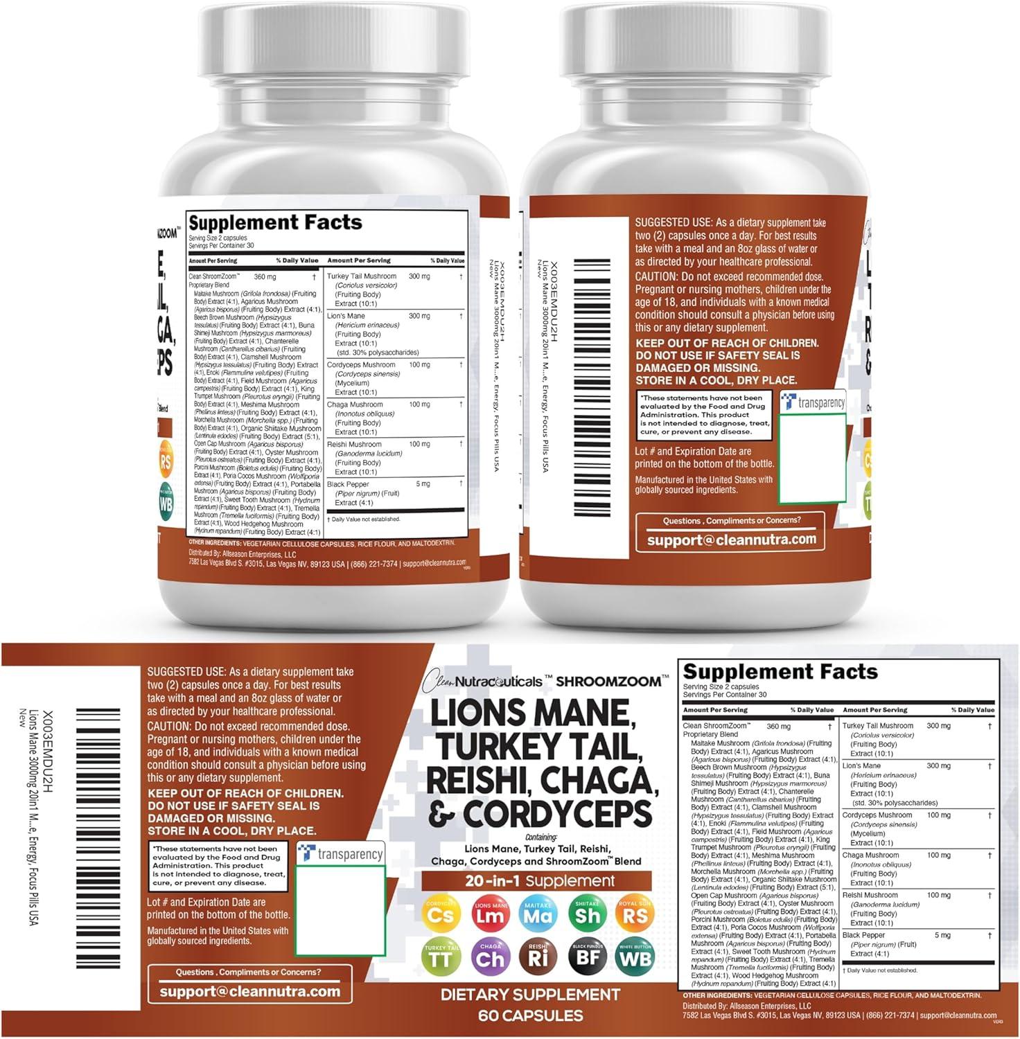 image:imageClean Nutraceuticals Lions Mane 20in1 Mushroom Supplement with Turkey Tail Reishi Cordyceps Chaga Maitake Meshima Poria Cocos Shiitake Oyster Porcini Enoki 2Pack1