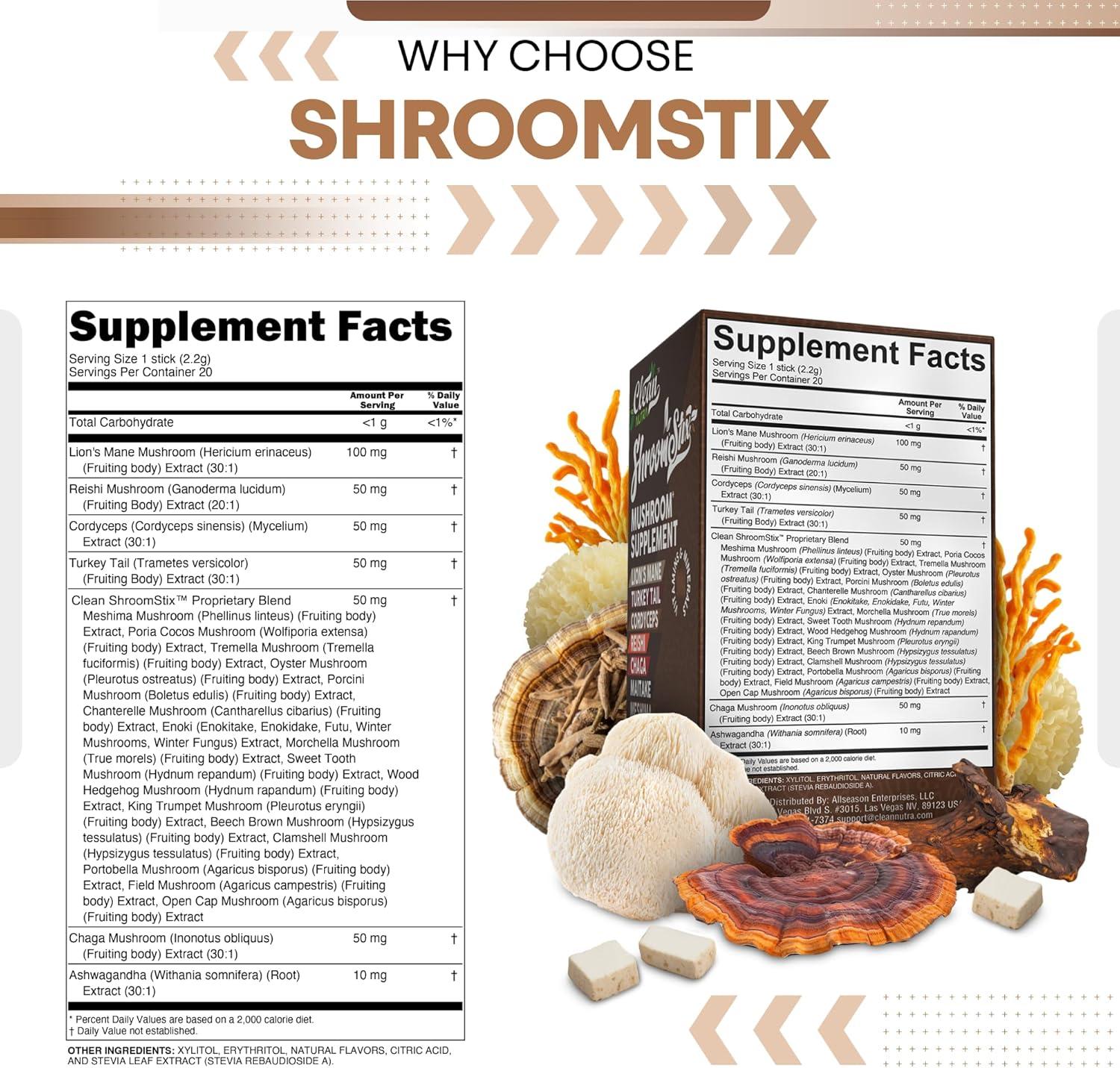 image:imageClean Nutraceuticals Lions Mane Mushroom Supplement with Turkey Tail Reishi Cordyceps Chaga Maitake Meshima Poria Cocos Shiitake Oyster Porcini Enoki 20 Count Pack of 1