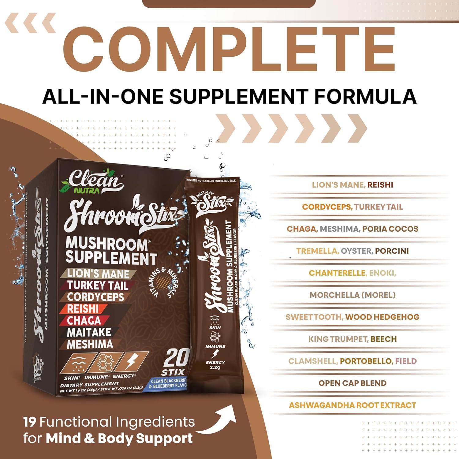 image:imageClean Nutraceuticals Lions Mane Mushroom Supplement with Turkey Tail Reishi Cordyceps Chaga Maitake Meshima Poria Cocos Shiitake Oyster Porcini Enoki 20 Count Pack of 1