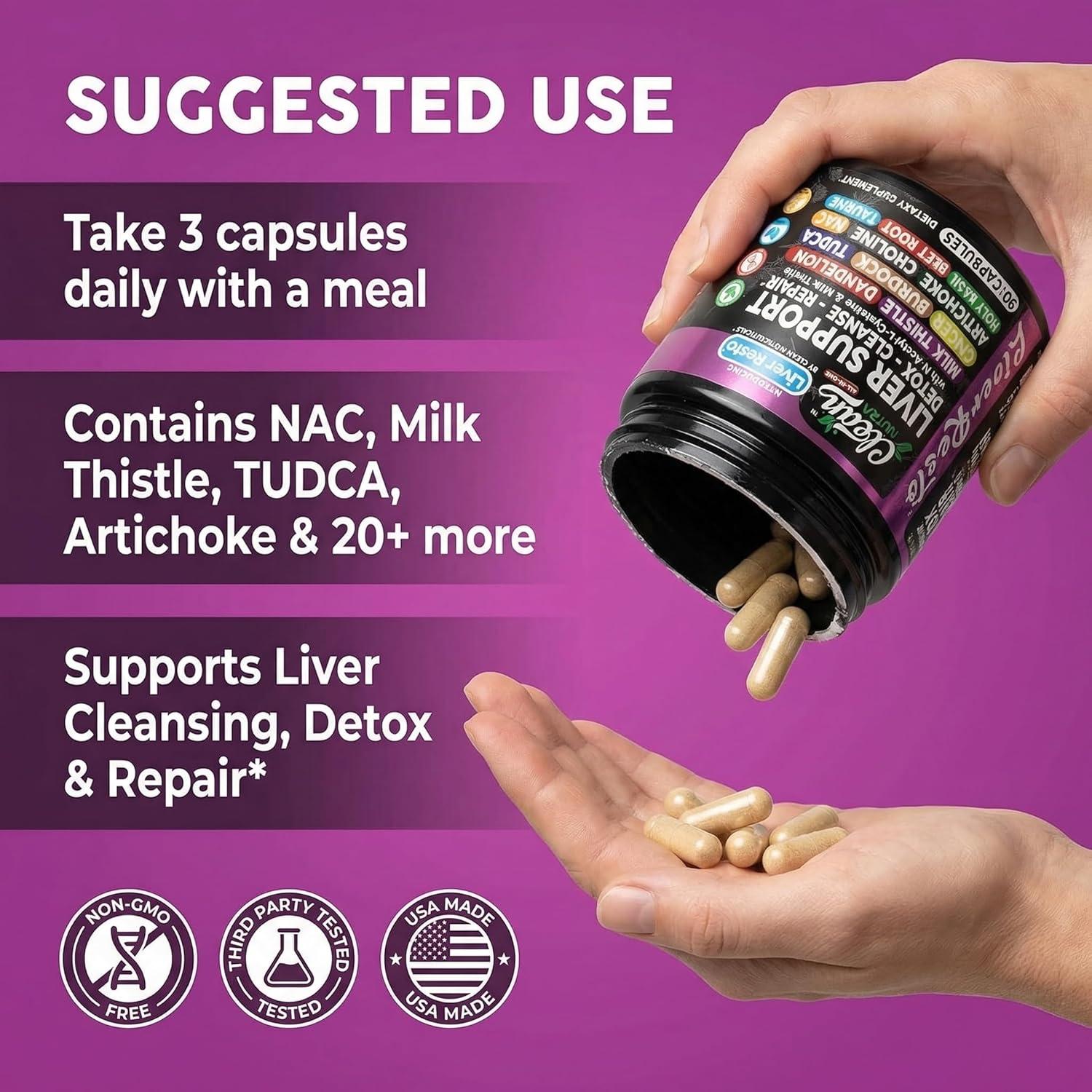image:imageClean Nutraceuticals Liver Cleanse Detox amp Repair Milk Thistle Supplement NAC TUDCA Dandelion Root Artichoke Choline Ginger Beet Root Burdock Taurine Liver Support 90 Capsules