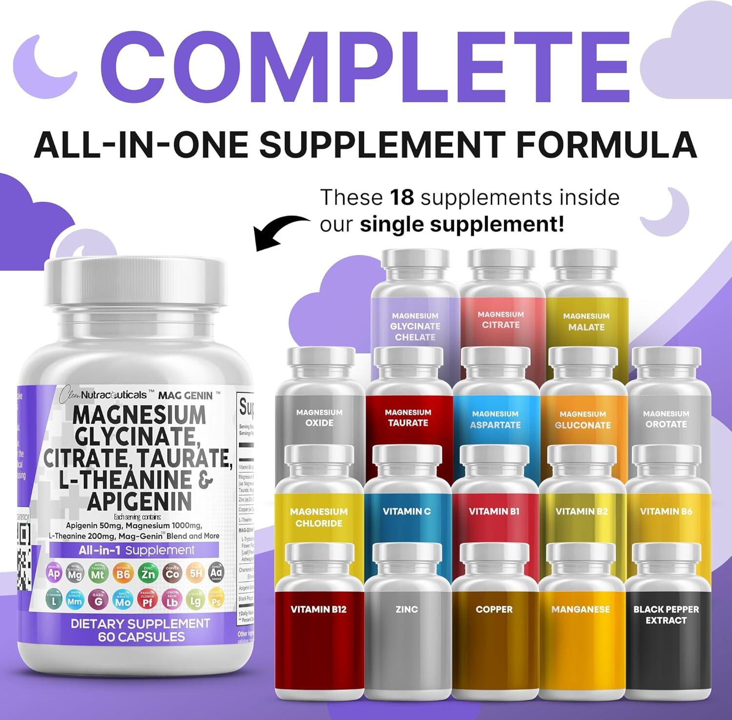 image:imageClean Nutraceuticals Magnesium Glycinate Complex 1000mg with LTheanine 200mg Apigenin 50mg Citrate Taurate Supplement 5HTP GABA Passion Flower Lemon Balm LGlycine Phosphatidylserine 60 Count60 Count Pack of 2