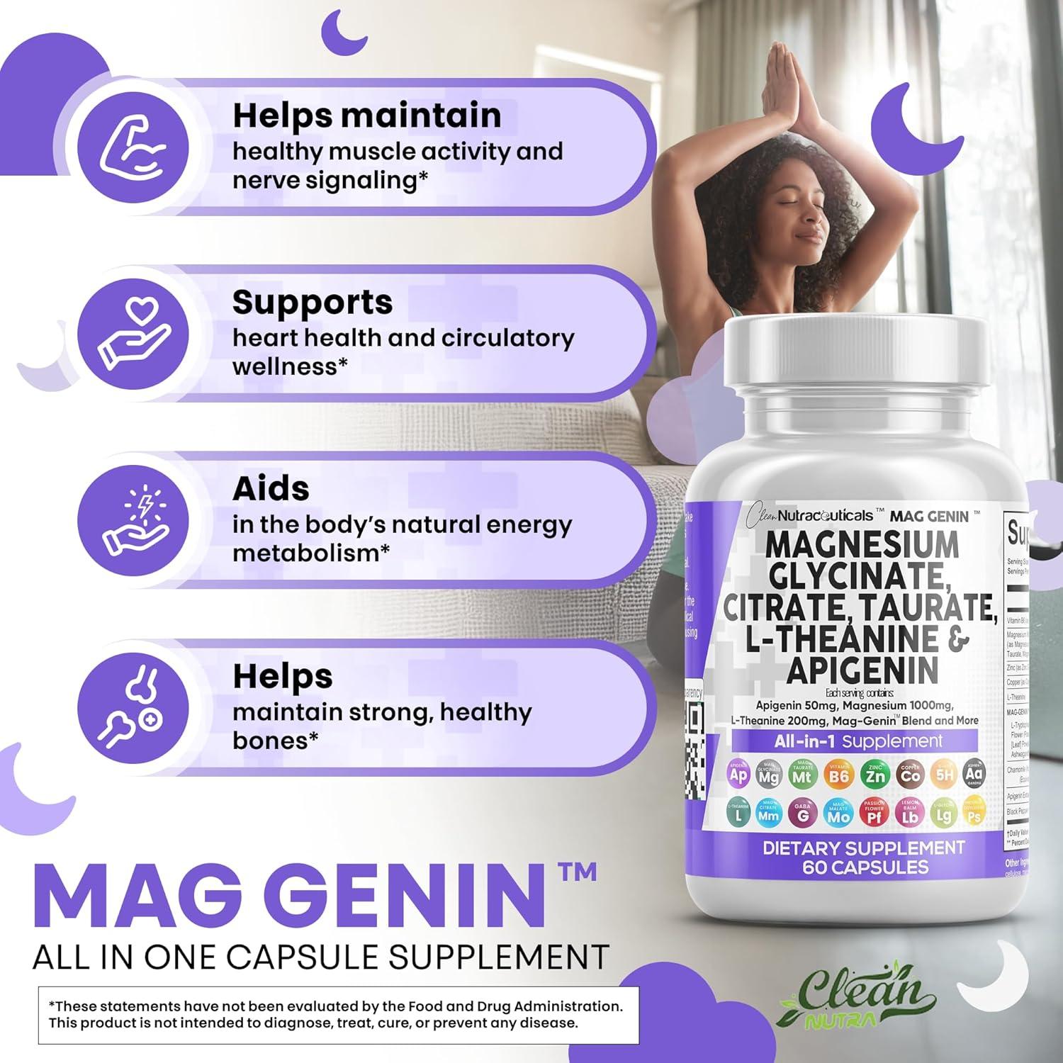 image:imageClean Nutraceuticals Magnesium Glycinate Complex 1000mg with LTheanine 200mg Apigenin 50mg Citrate Taurate Supplement 5HTP GABA Passion Flower Lemon Balm LGlycine Phosphatidylserine 60 Count60 Count Pack of 2