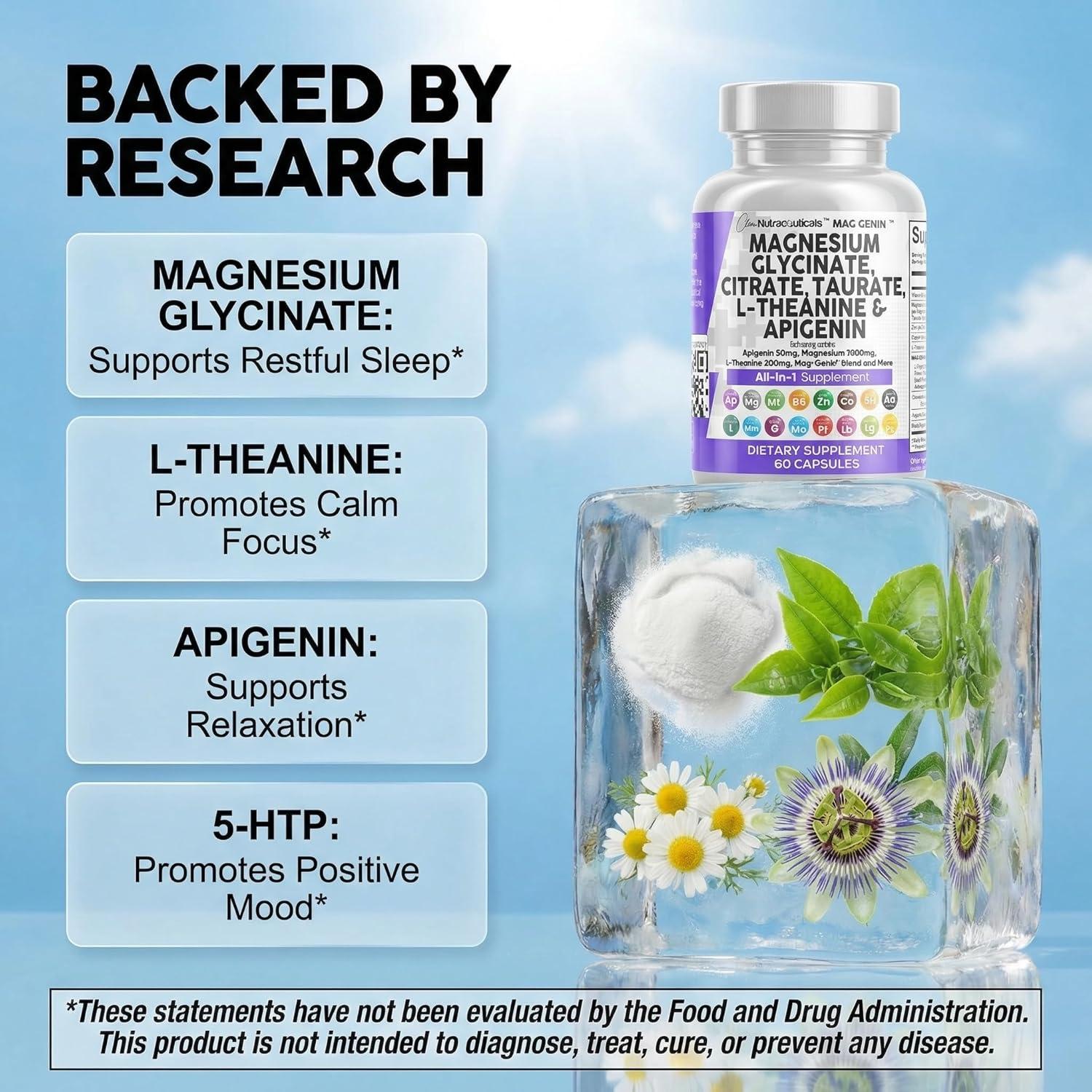 image:imageClean Nutraceuticals Magnesium Glycinate Complex 1000mg with LTheanine 200mg Apigenin 50mg Citrate Taurate Supplement 5HTP GABA Passion Flower Lemon Balm LGlycine Phosphatidylserine 60 Count60 Count Pack of 1