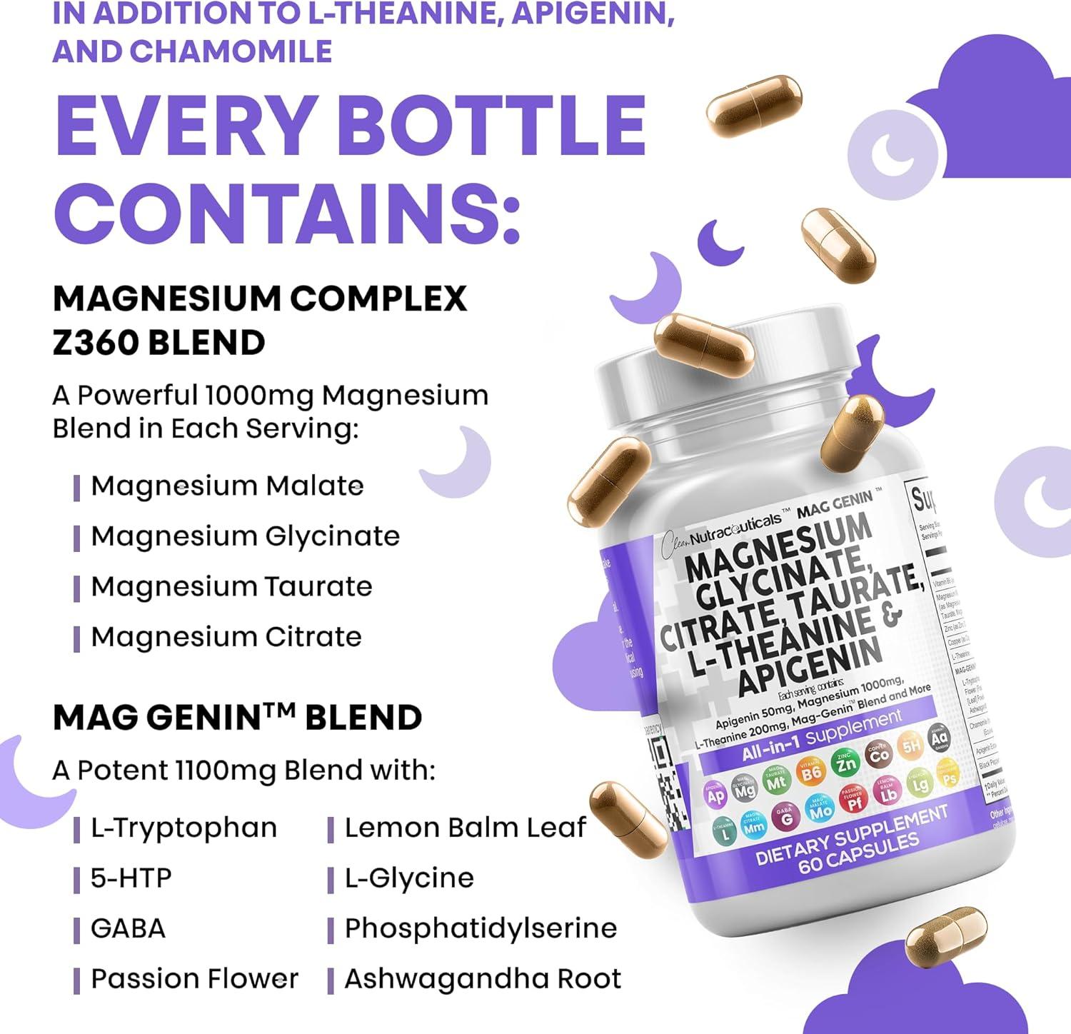 image:imageClean Nutraceuticals Magnesium Glycinate Complex 1000mg with LTheanine 200mg Apigenin 50mg Citrate Taurate Supplement 5HTP GABA Passion Flower Lemon Balm LGlycine Phosphatidylserine 60 Count60 Count Pack of 2