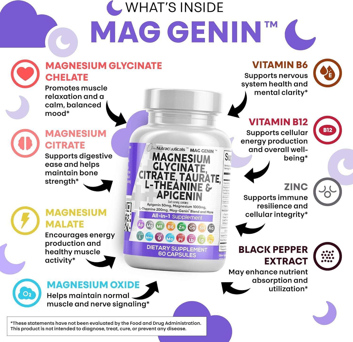 image:imageClean Nutraceuticals Magnesium Glycinate Complex 1000mg with LTheanine 200mg Apigenin 50mg Citrate Taurate Supplement 5HTP GABA Passion Flower Lemon Balm LGlycine Phosphatidylserine 60 Count60 Count Pack of 2