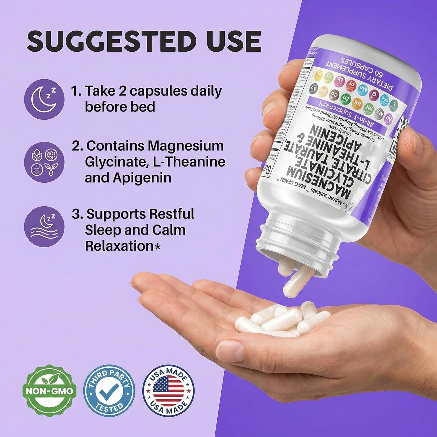 image:imageClean Nutraceuticals Magnesium Glycinate Complex 1000mg with LTheanine 200mg Apigenin 50mg Citrate Taurate Supplement 5HTP GABA Passion Flower Lemon Balm LGlycine Phosphatidylserine 60 Count60 Count Pack of 1
