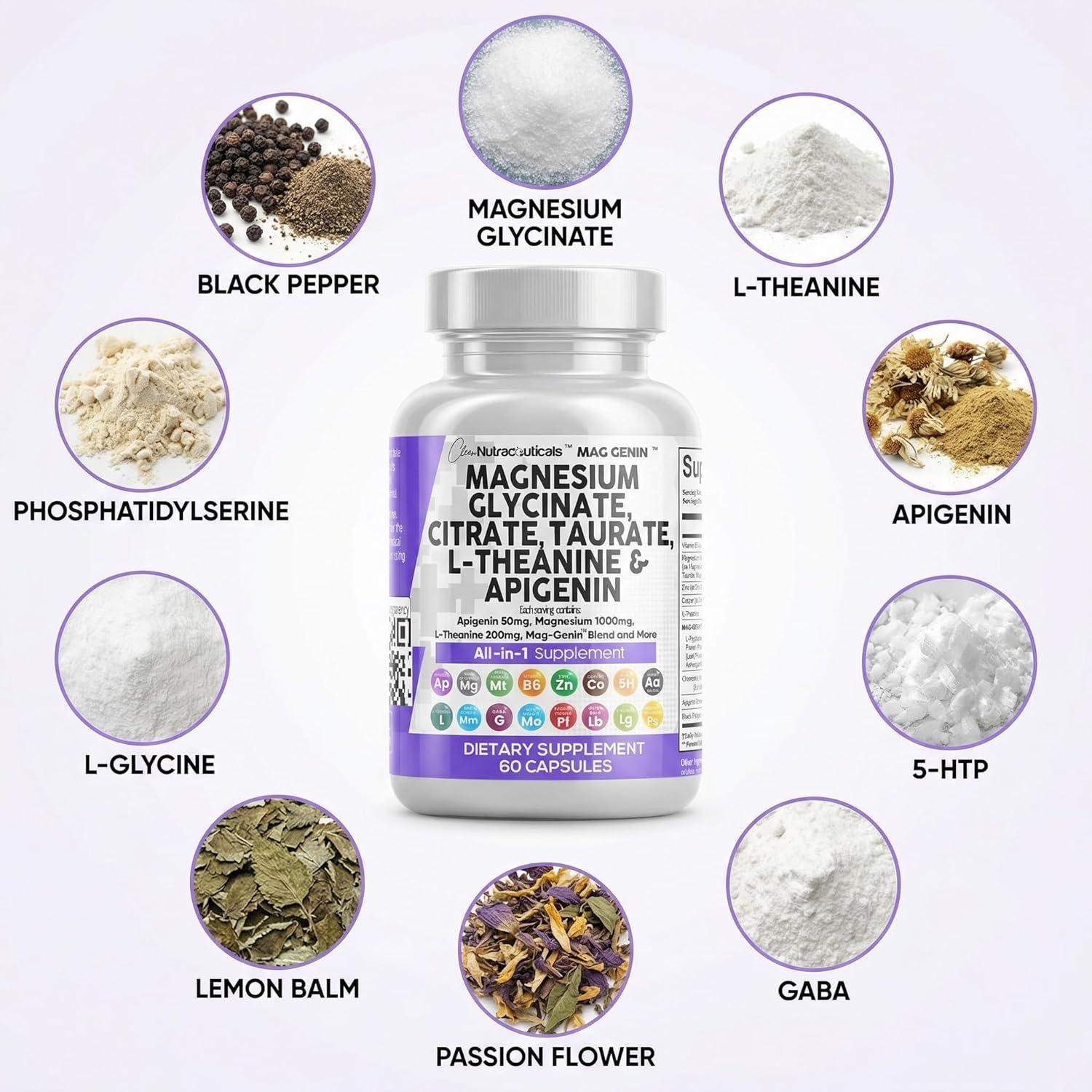 image:imageClean Nutraceuticals Magnesium Glycinate Complex 1000mg with LTheanine 200mg Apigenin 50mg Citrate Taurate Supplement 5HTP GABA Passion Flower Lemon Balm LGlycine Phosphatidylserine 60 Count60 Count Pack of 1