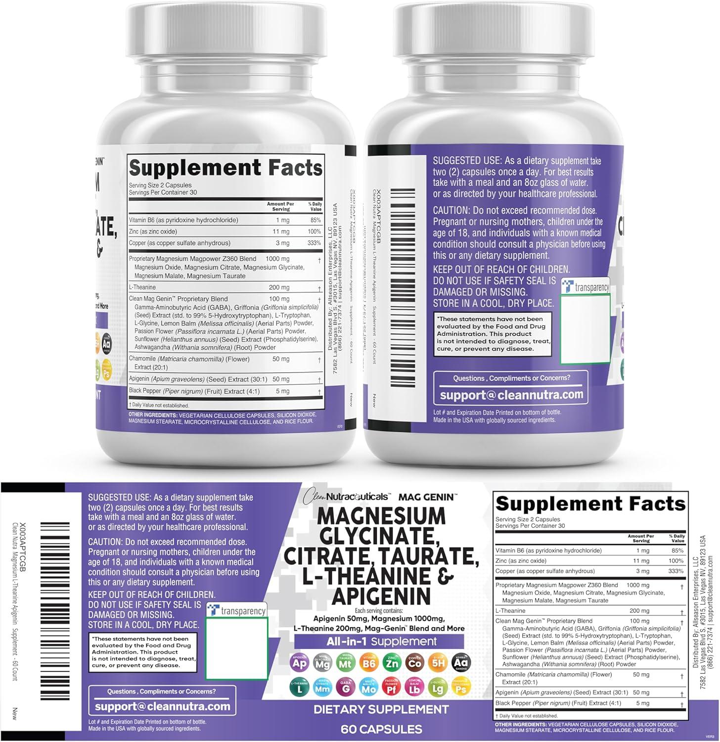 image:imageClean Nutraceuticals Magnesium Glycinate Complex 1000mg with LTheanine 200mg Apigenin 50mg Citrate Taurate Supplement 5HTP GABA Passion Flower Lemon Balm LGlycine Phosphatidylserine 60 Count60 Count Pack of 2
