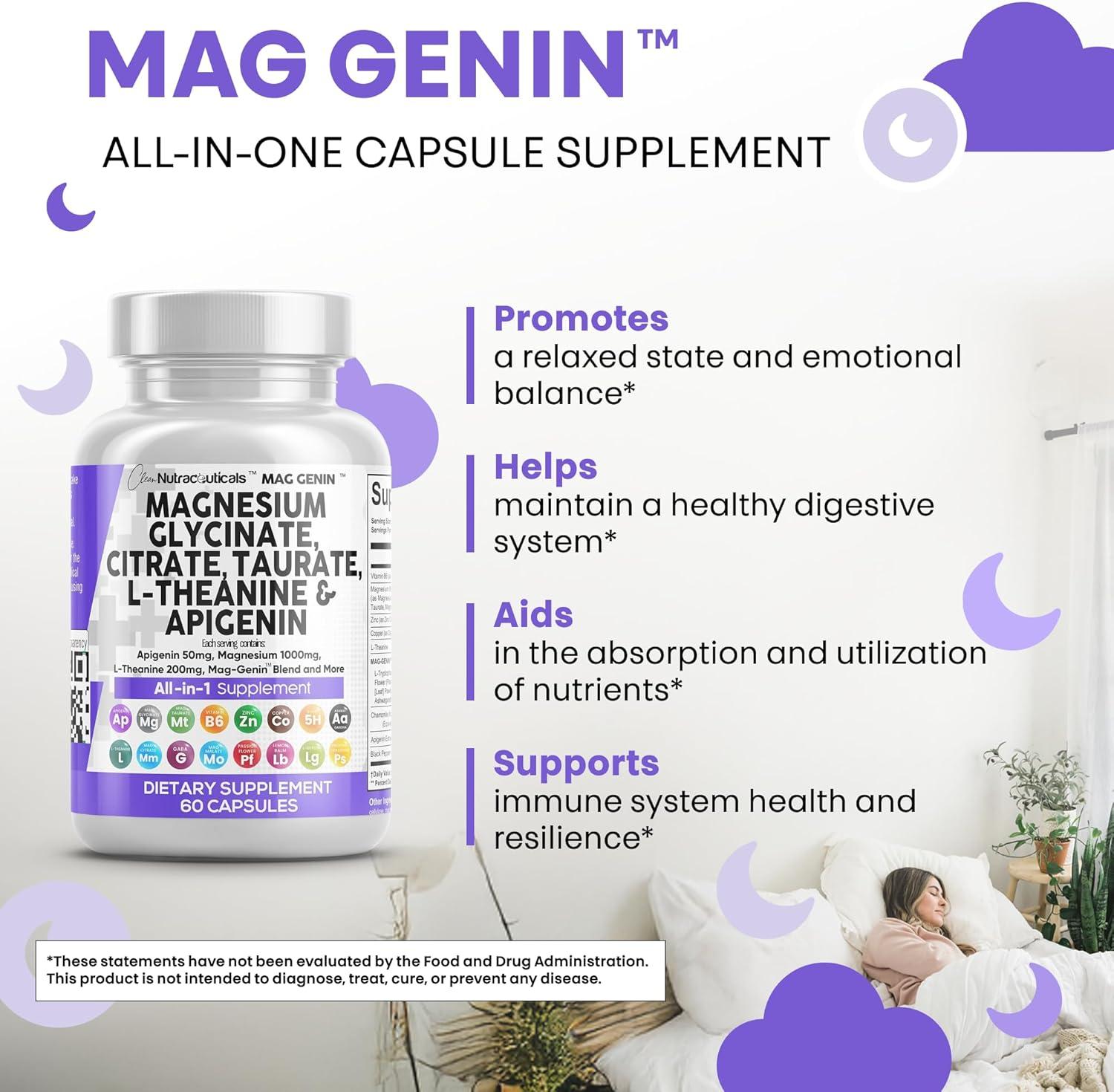 image:imageClean Nutraceuticals Magnesium Glycinate Complex 1000mg with LTheanine 200mg Apigenin 50mg Citrate Taurate Supplement 5HTP GABA Passion Flower Lemon Balm LGlycine Phosphatidylserine 60 Count60 Count Pack of 2