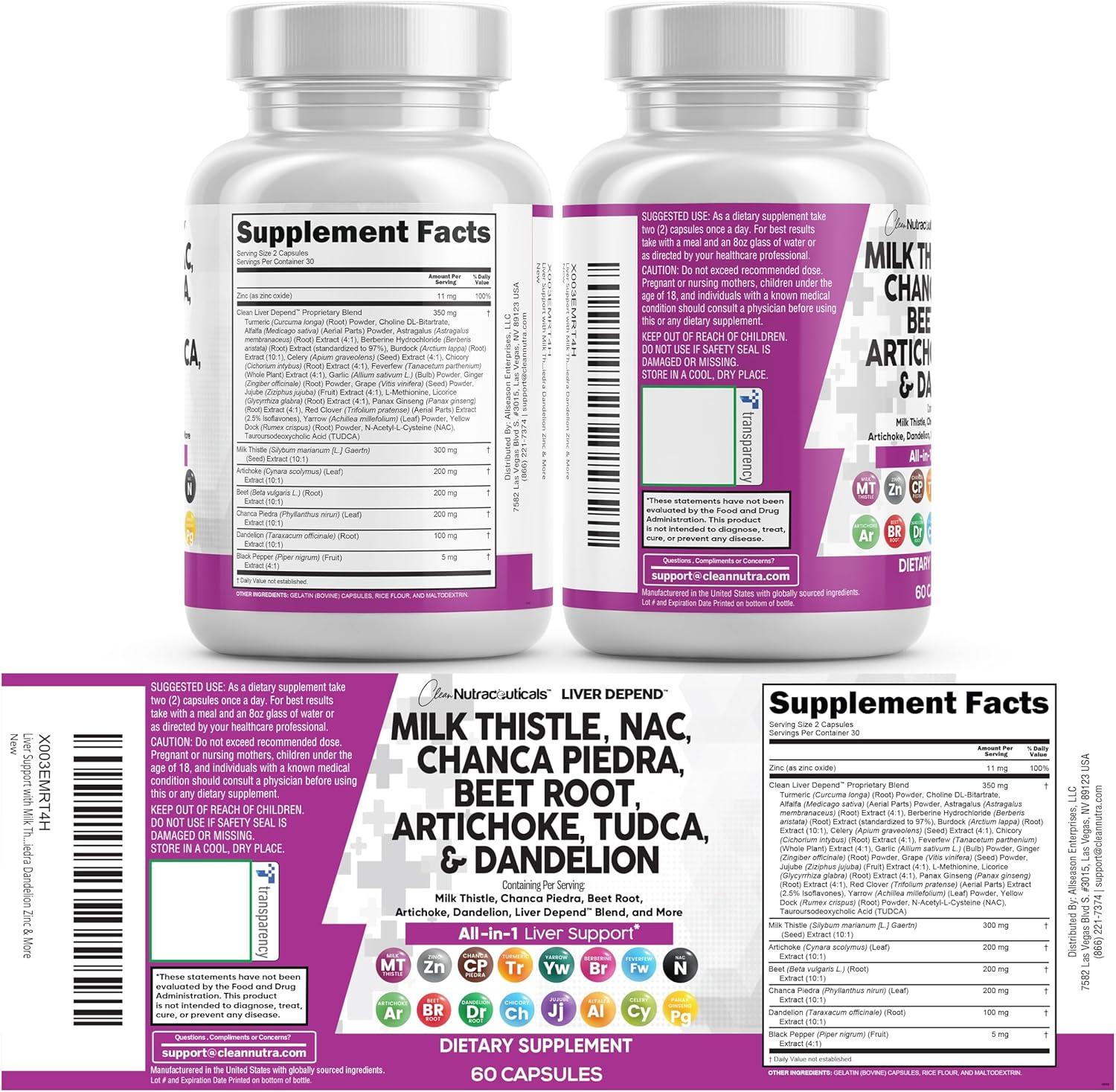 image:imageClean Nutraceuticals Milk Thistle NAC Chanca Piedra Beet Root Artichoke Astragalus Dandelion Root Liver Cleanse Detox amp Repair Supplement Plus TUDCA Choline amp Ginger 1Pack1