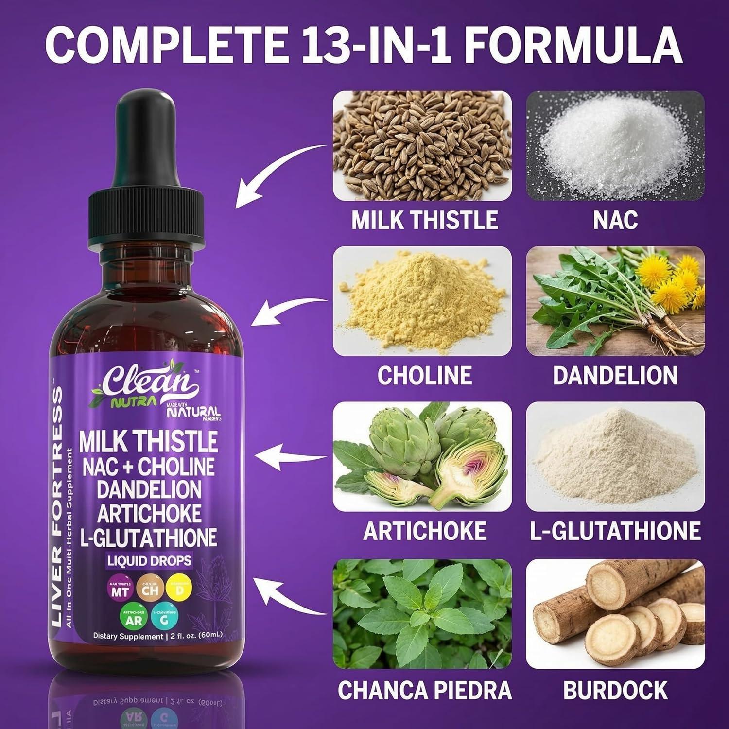 image:imageClean Nutraceuticals Milk Thistle NAC Liver Cleanse Detox amp Repair Supplement Liver Support Liquid Drops with Dandelion Extract Artichoke Chanca Piedra Choline LGlutathione Burdock Schisandra1