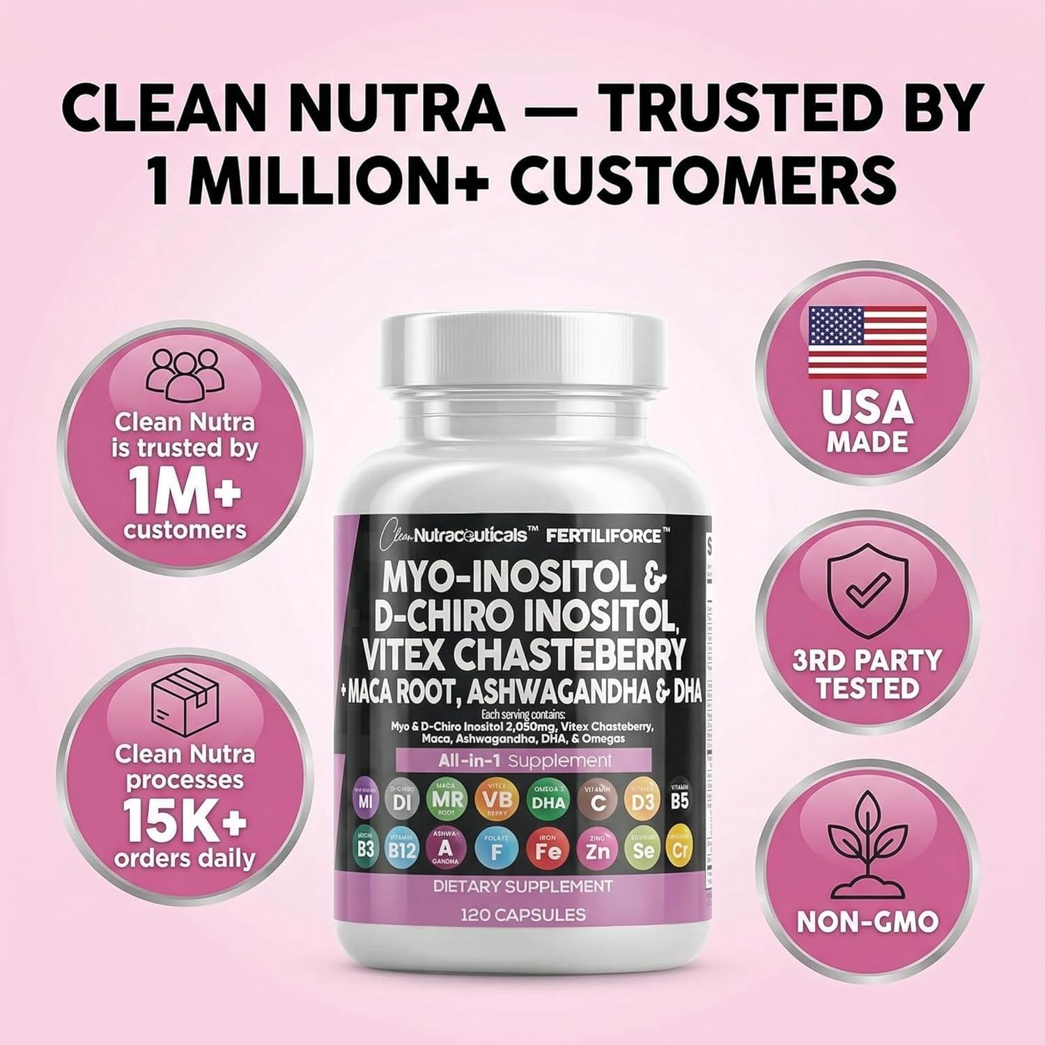 image:imageClean Nutraceuticals MyoInositol amp DChiro Inositol 2050mg Fertility Supplement 401 Ratio Prenatal Vitamins for Women with Ashwagandha Maca Root Vitex Chasteberry Iron DHA Folic Acid DIM Zinc 1