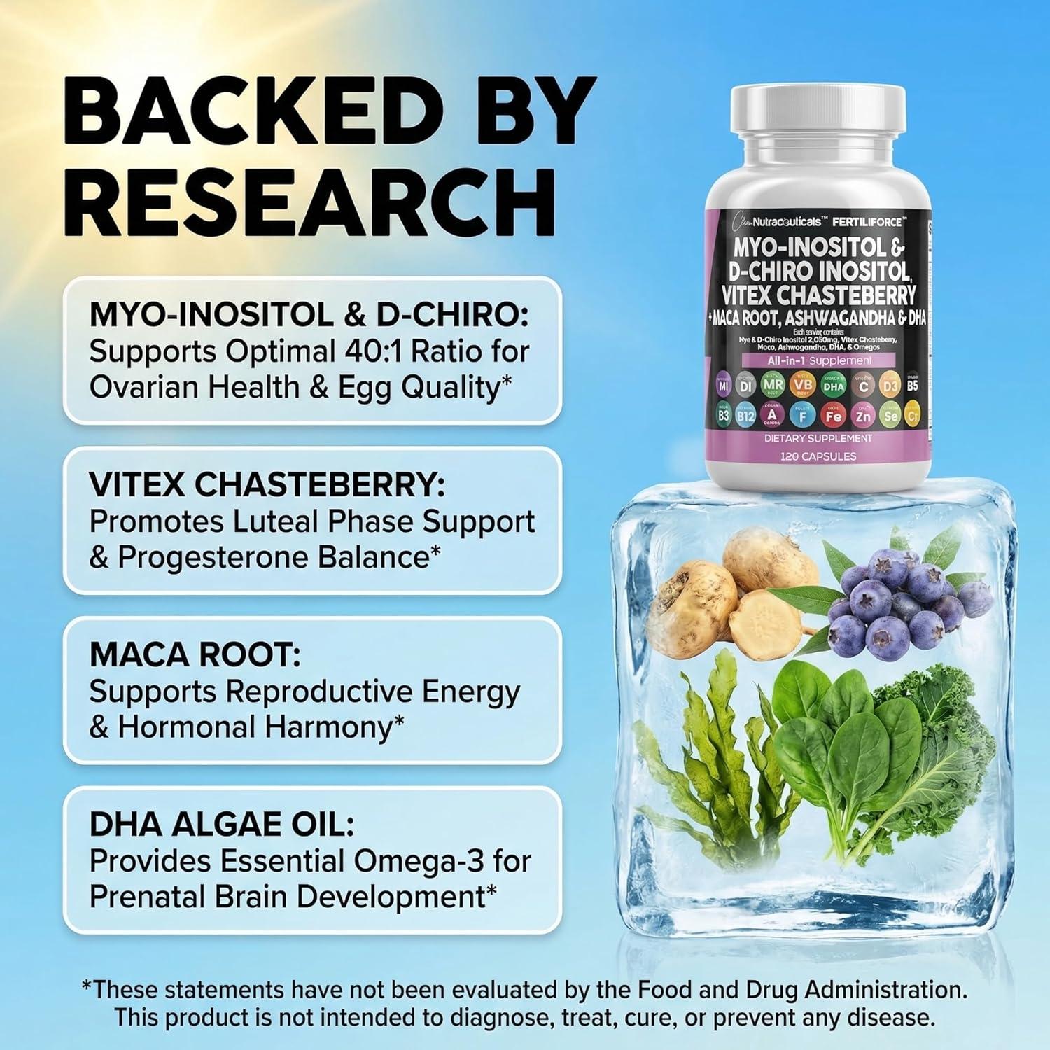 image:imageClean Nutraceuticals MyoInositol amp DChiro Inositol 2050mg Fertility Supplement 401 Ratio Prenatal Vitamins for Women with Ashwagandha Maca Root Vitex Chasteberry Iron DHA Folic Acid DIM Zinc 1
