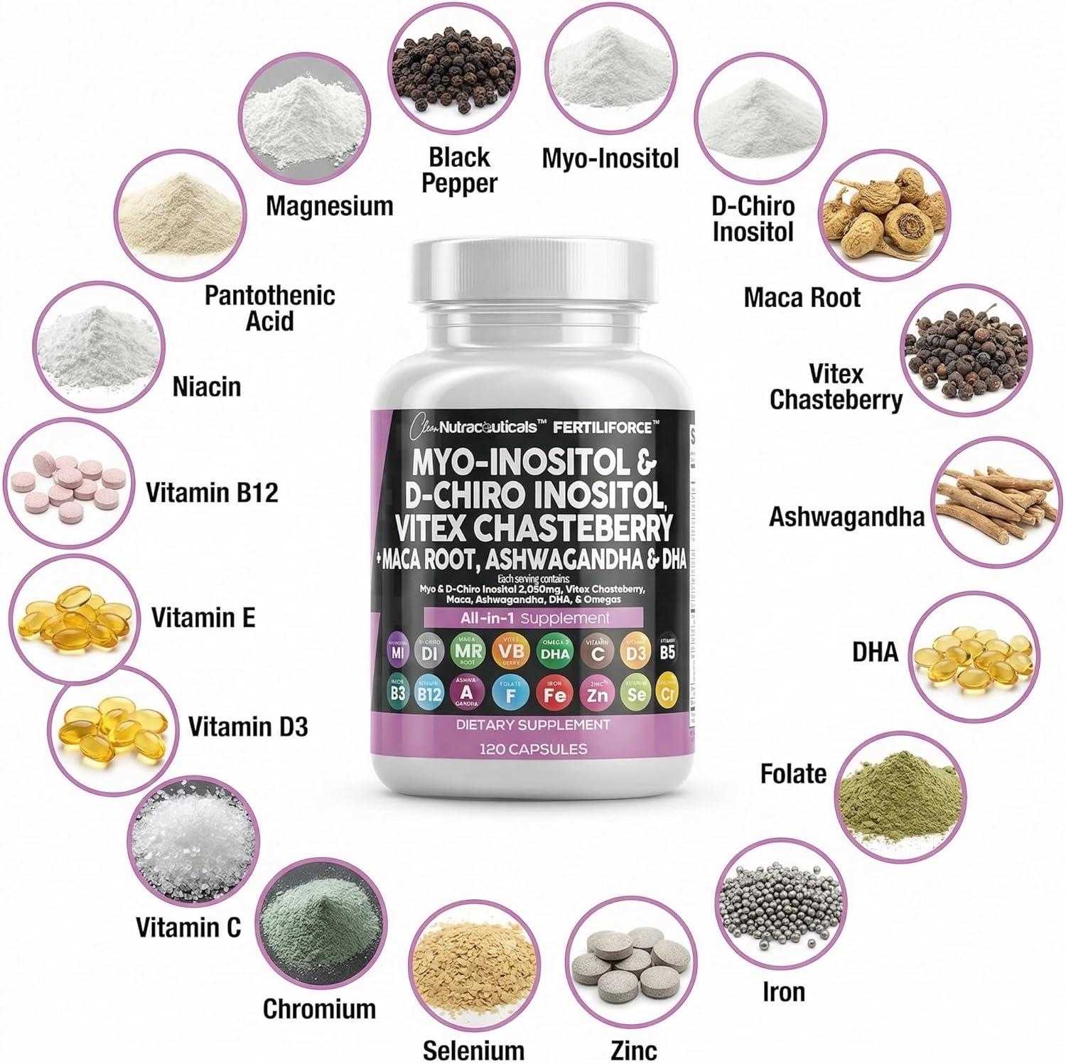 image:imageClean Nutraceuticals MyoInositol amp DChiro Inositol 2050mg Fertility Supplement 401 Ratio Prenatal Vitamins for Women with Ashwagandha Maca Root Vitex Chasteberry Iron DHA Folic Acid DIM Zinc 1