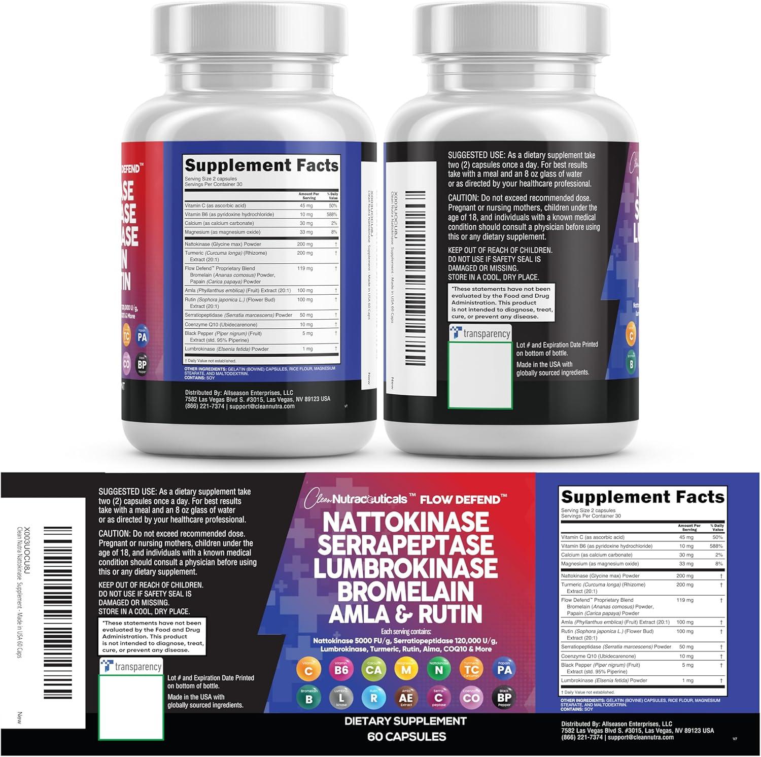 image:imageClean Nutraceuticals Nattokinase 5000 FU Serrapeptase 120000 SPU Lumbrokinase Enzyme Supplement with Bromelain Papain Papaya Enzymes Rutin Extract Amla Magnesium Vitamin B6 amp VIT C Capsules1