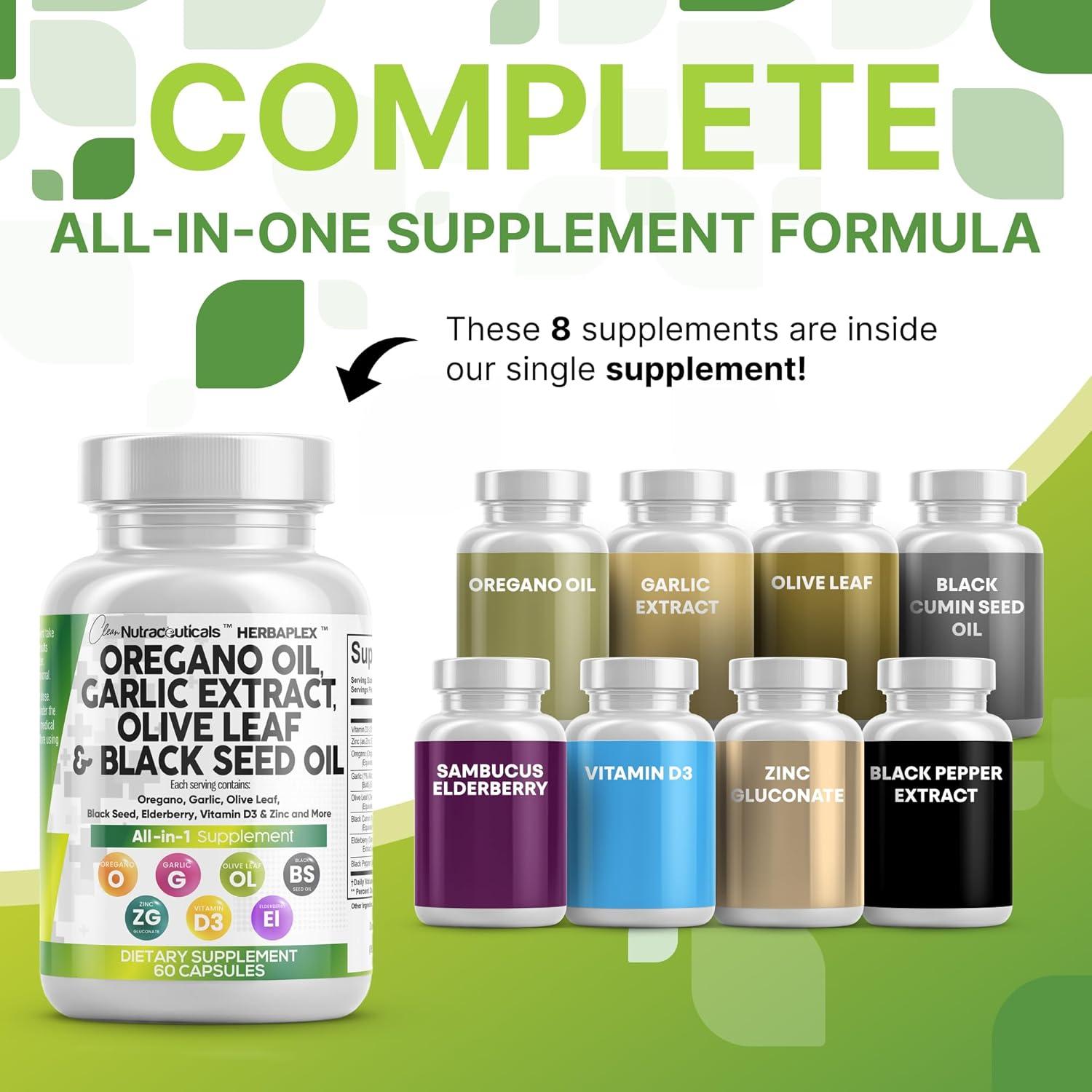 image:imageClean Nutraceuticals Oregano Oil Garlic Extract Olive Leaf Black Seed Oil Immune Support amp Digestive Health Supplement for Women and Men with Vitamin D3 amp Zinc 2Pack