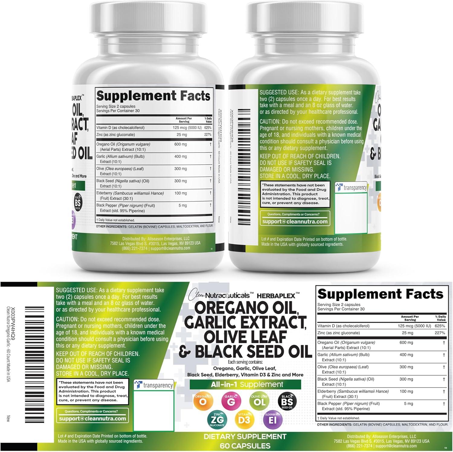 image:imageClean Nutraceuticals Oregano Oil Garlic Extract Olive Leaf Black Seed Oil Immune Support amp Digestive Health Supplement for Women and Men with Vitamin D3 amp Zinc 5Pack