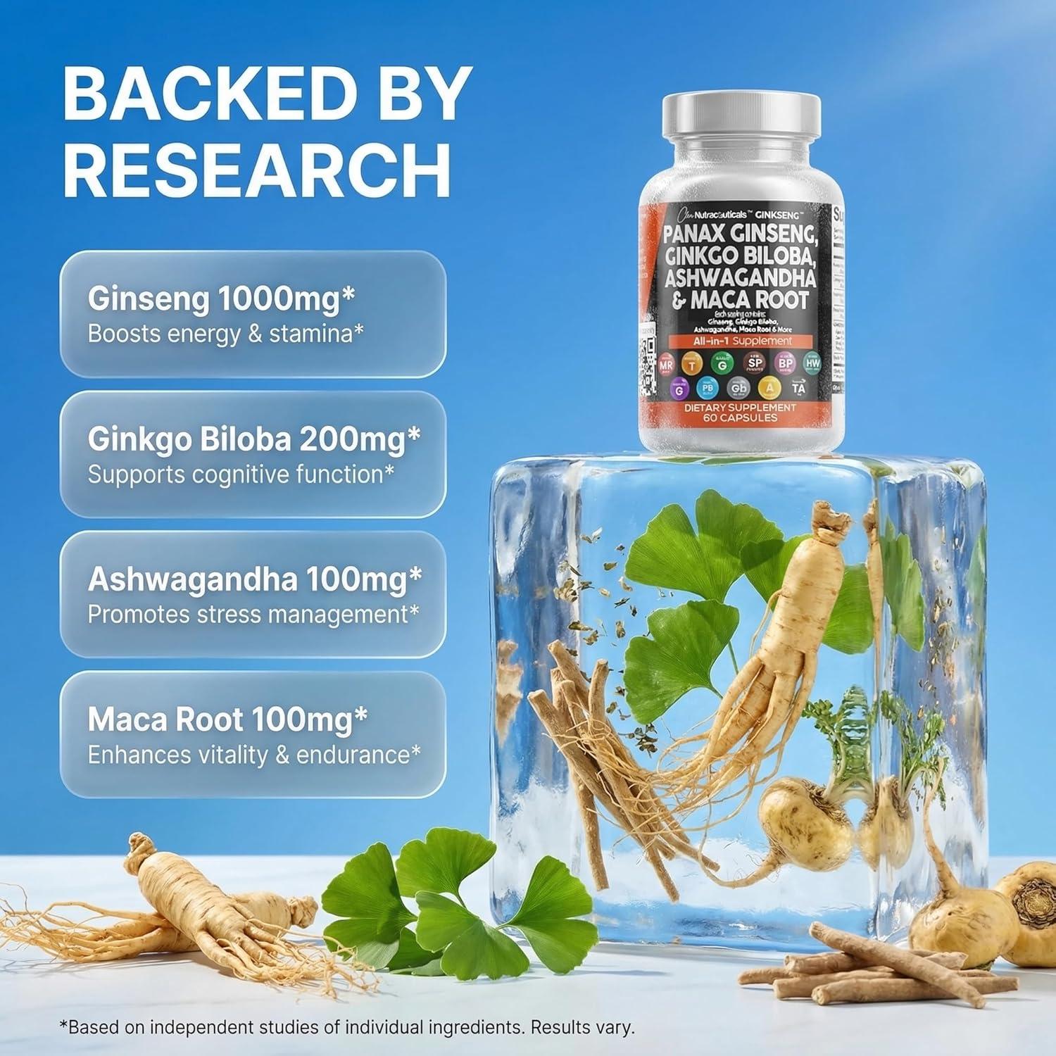 image:imageClean Nutraceuticals Panax Ginseng Ginkgo Biloba Ashwagandha Maca Root Focus Supplement Pills for Women and Men with Pine Bark Extract Garlic and Saw Palmetto 60 Caps1