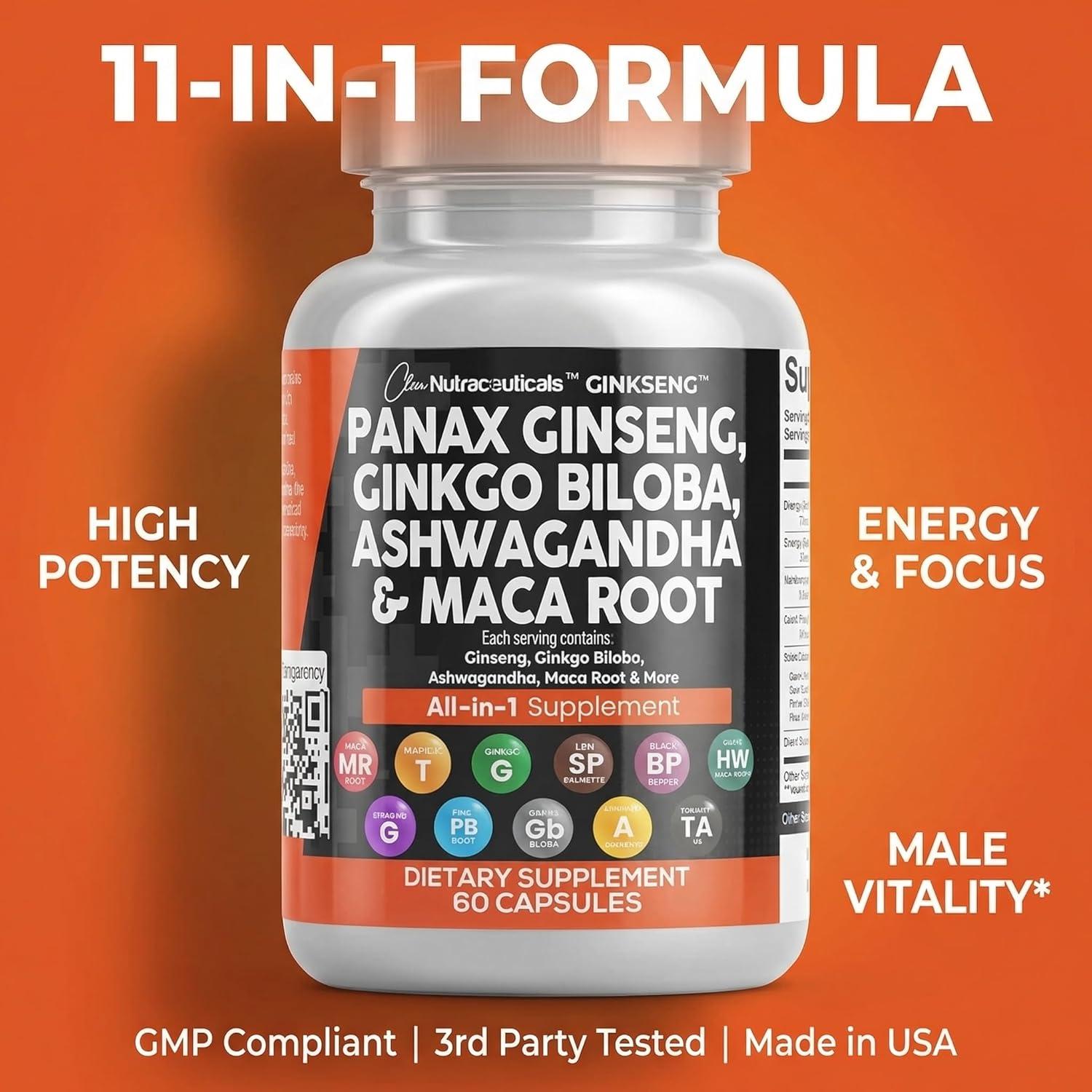 image:imageClean Nutraceuticals Panax Ginseng Ginkgo Biloba Ashwagandha Maca Root Focus Supplement Pills for Women and Men with Pine Bark Extract Garlic and Saw Palmetto 60 Caps1