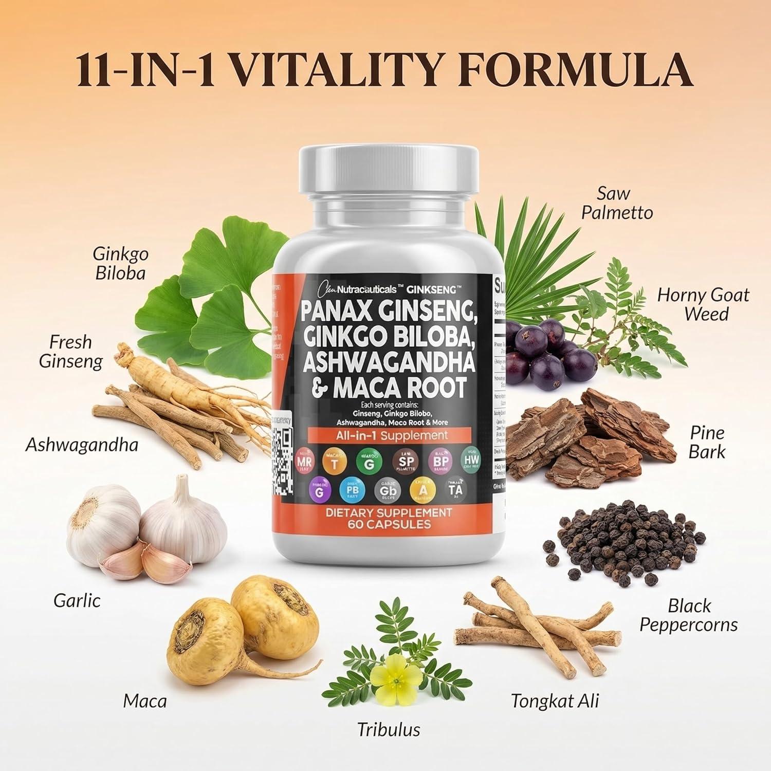 image:imageClean Nutraceuticals Panax Ginseng Ginkgo Biloba Ashwagandha Maca Root Focus Supplement Pills for Women and Men with Pine Bark Extract Garlic and Saw Palmetto 60 Caps1