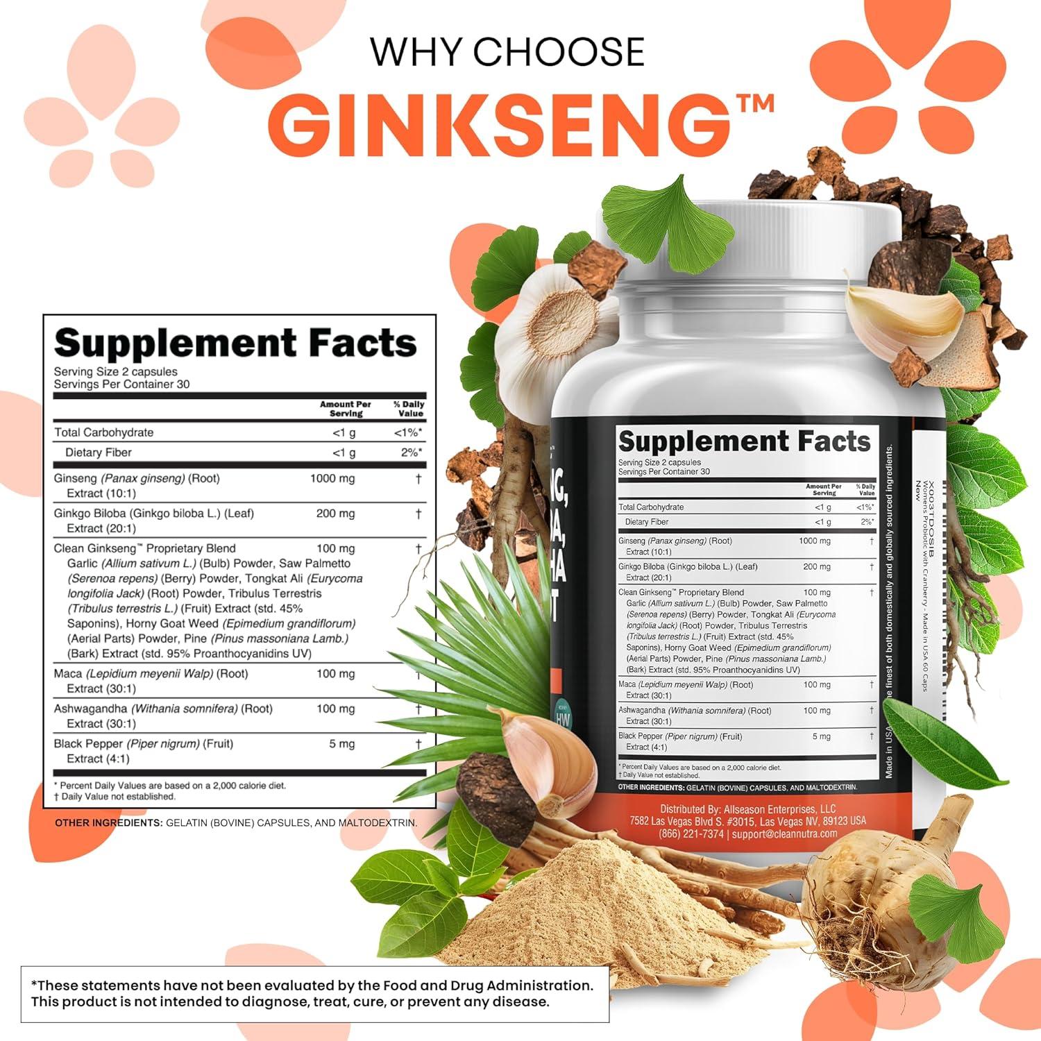 image:imageClean Nutraceuticals Panax Ginseng Ginkgo Biloba Ashwagandha Maca Root Focus Supplement Pills for Women and Men with Pine Bark Extract Garlic and Saw Palmetto 60 Caps1