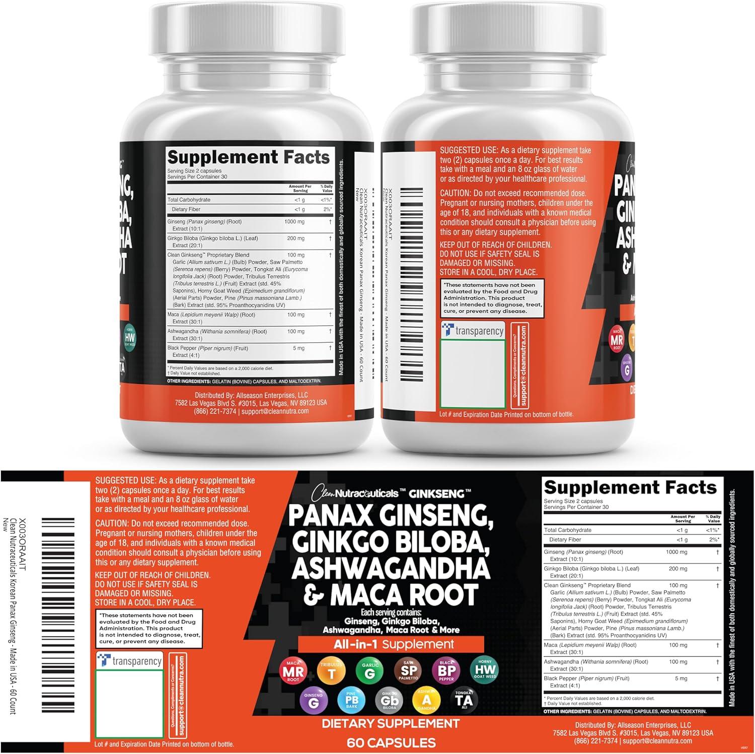 image:imageClean Nutraceuticals Panax Ginseng Ginkgo Biloba Ashwagandha Maca Root Focus Supplement Pills for Women and Men with Pine Bark Extract Garlic and Saw Palmetto 60 Caps1