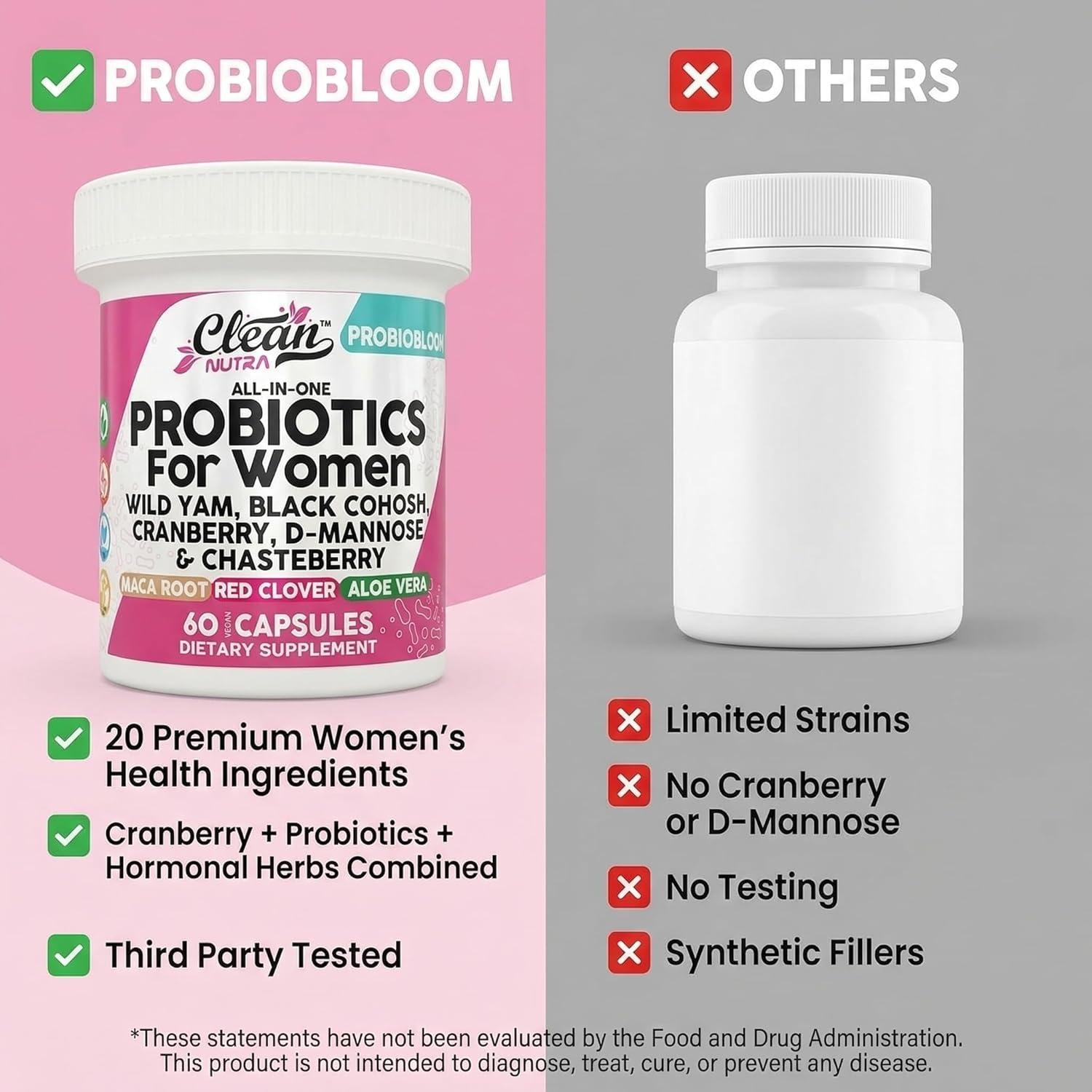 image:imageClean Nutraceuticals Probiotics for Women with D Mannose Cranberry Extract Wild Yam Chasteberry 20 Probiotic and Prebiotic Strains PH Balance Womens Probiotic for Digestive Health 60 Count1