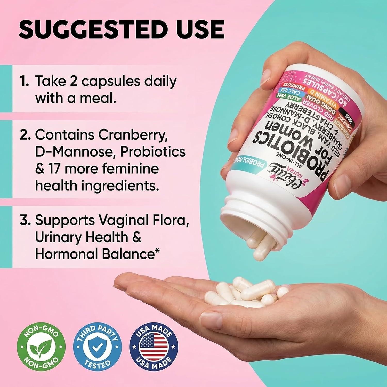 image:imageClean Nutraceuticals Probiotics for Women with D Mannose Cranberry Extract Wild Yam Chasteberry 20 Probiotic and Prebiotic Strains PH Balance Womens Probiotic for Digestive Health 60 Count1