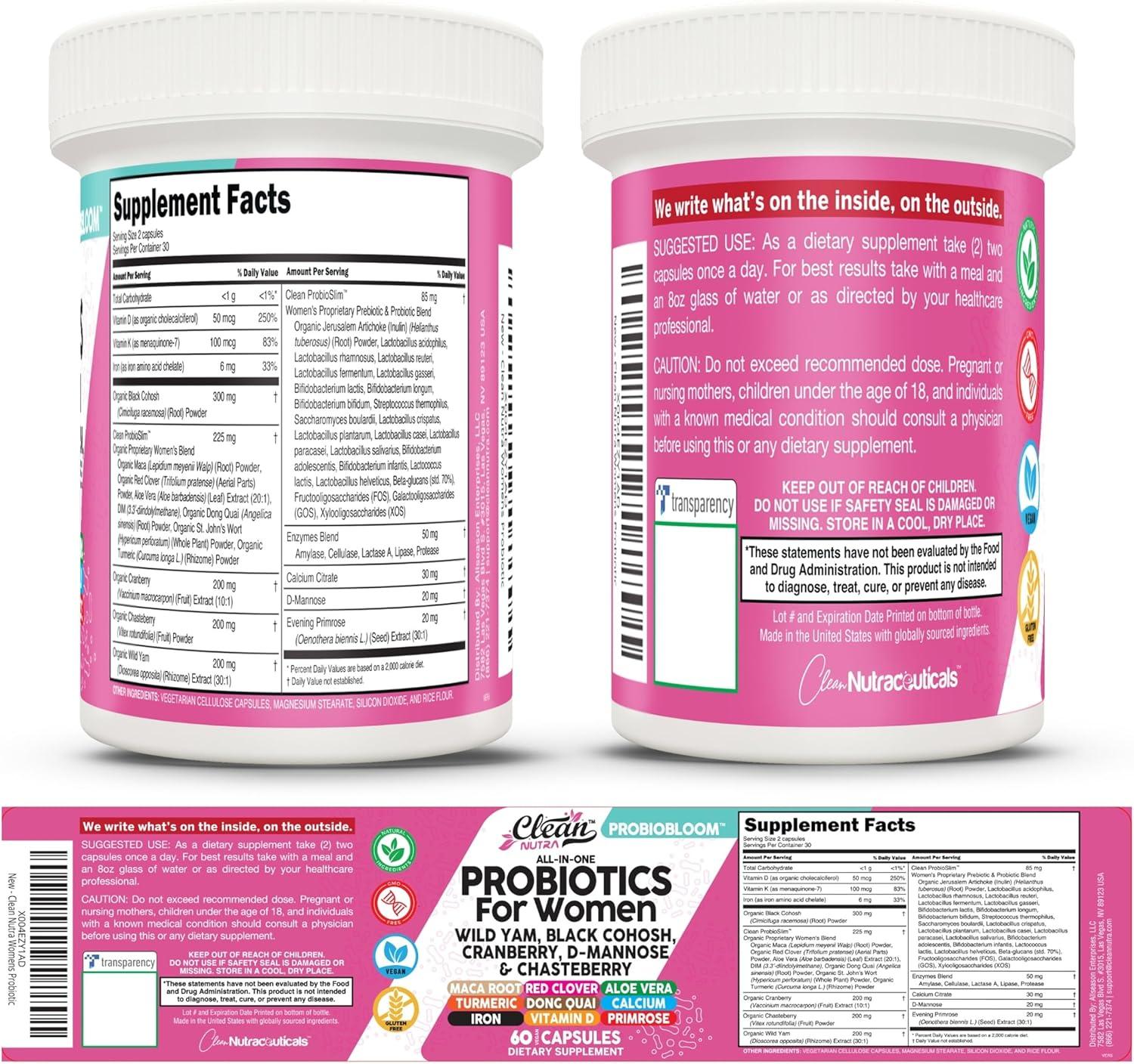 image:imageClean Nutraceuticals Probiotics for Women with D Mannose Cranberry Extract Wild Yam Chasteberry 20 Probiotic and Prebiotic Strains PH Balance Womens Probiotic for Digestive Health 60 Count1