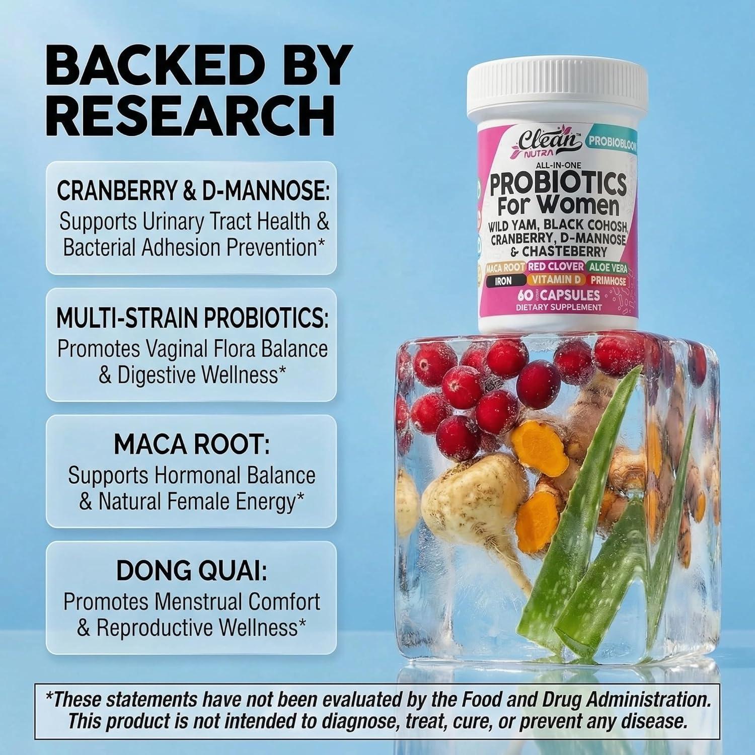 image:imageClean Nutraceuticals Probiotics for Women with D Mannose Cranberry Extract Wild Yam Chasteberry 20 Probiotic and Prebiotic Strains PH Balance Womens Probiotic for Digestive Health 60 Count1
