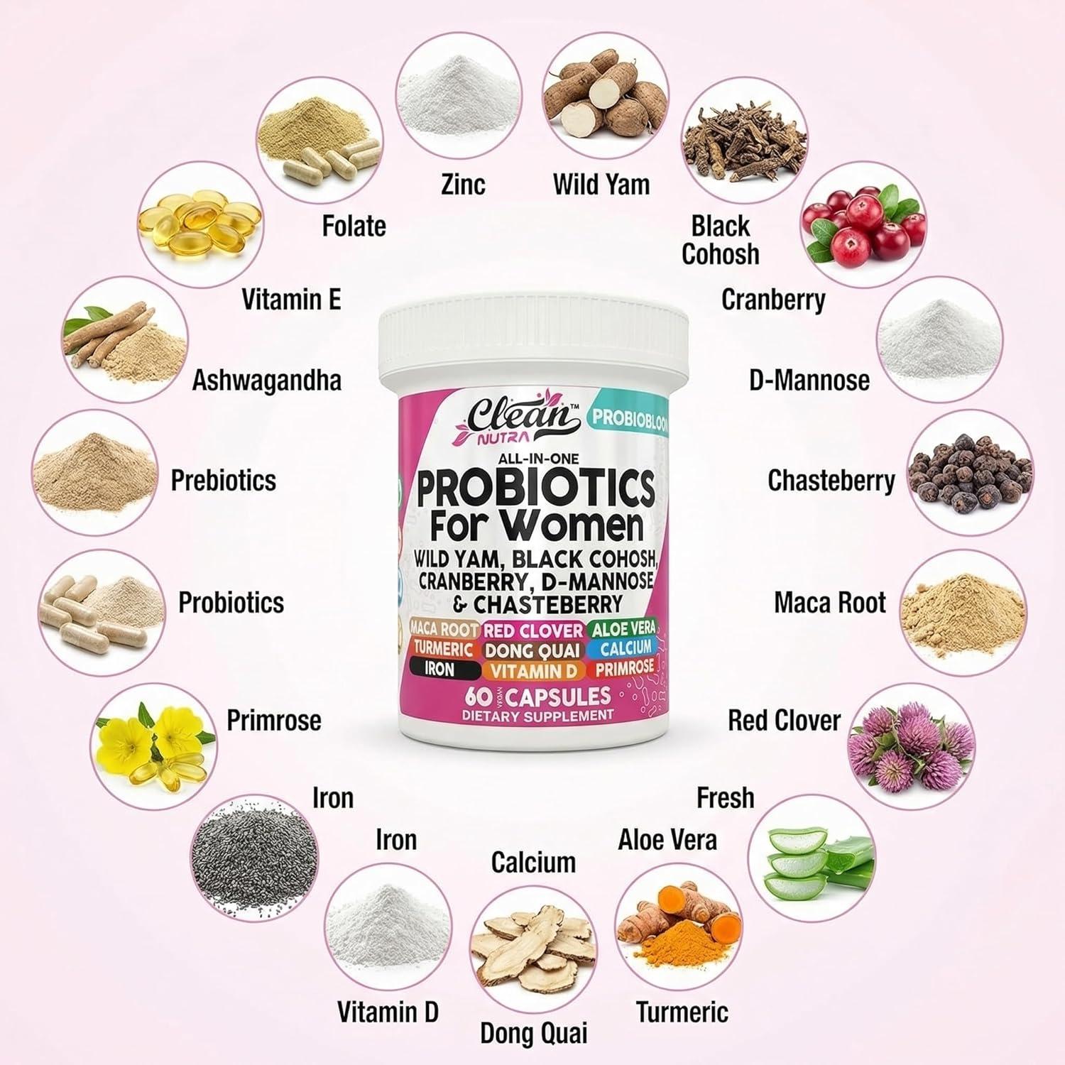 image:imageClean Nutraceuticals Probiotics for Women with D Mannose Cranberry Extract Wild Yam Chasteberry 20 Probiotic and Prebiotic Strains PH Balance Womens Probiotic for Digestive Health 60 Count1