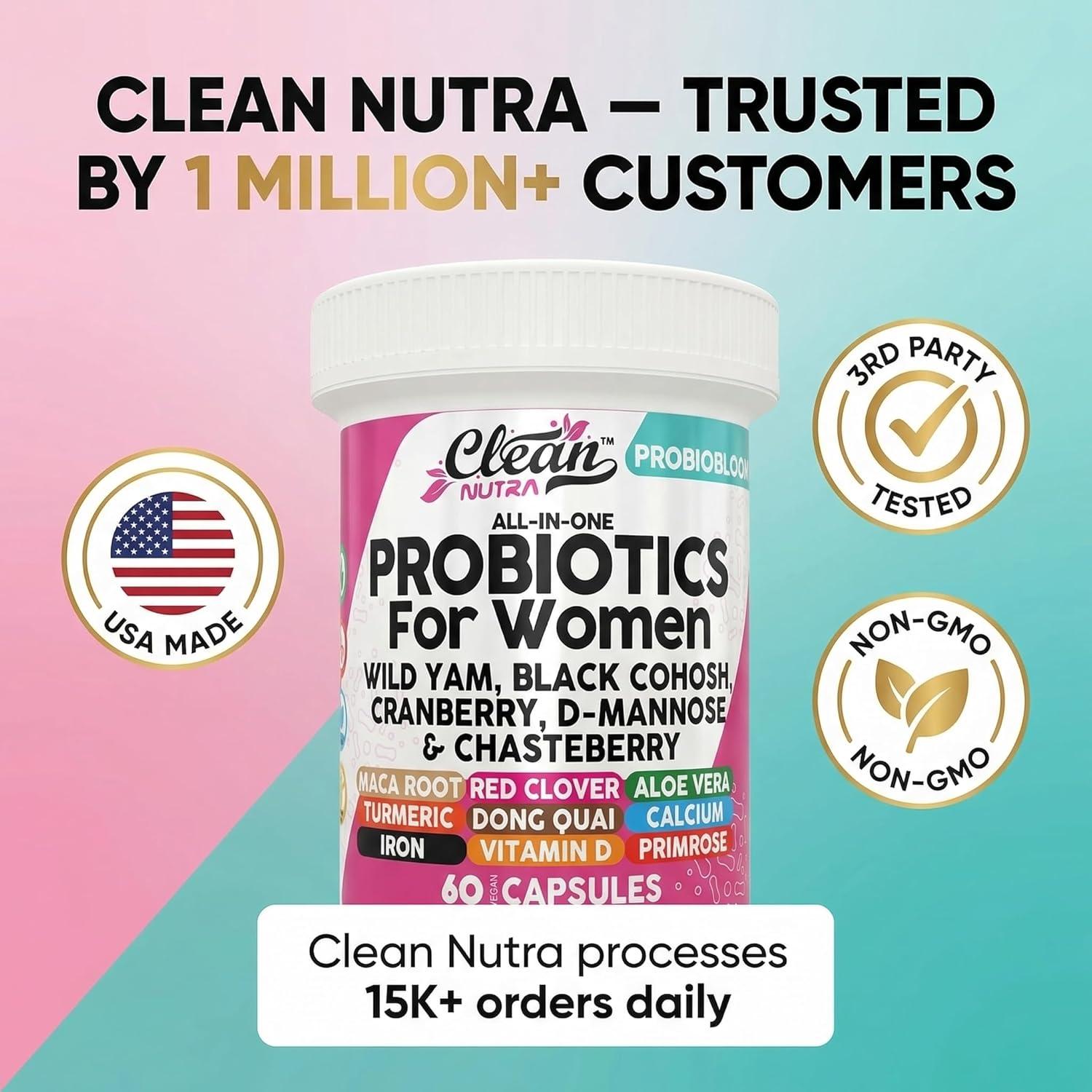image:imageClean Nutraceuticals Probiotics for Women with D Mannose Cranberry Extract Wild Yam Chasteberry 20 Probiotic and Prebiotic Strains PH Balance Womens Probiotic for Digestive Health 60 Count1