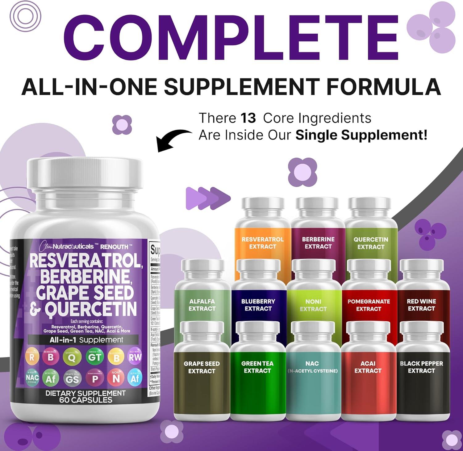 image:imageClean Nutraceuticals Resveratrol Berberine Grape Seed Extract Quercetin Green Tea Extract Polyphenol Supplement for Women amp Men NAcetyl Cysteine Acai 2Pack